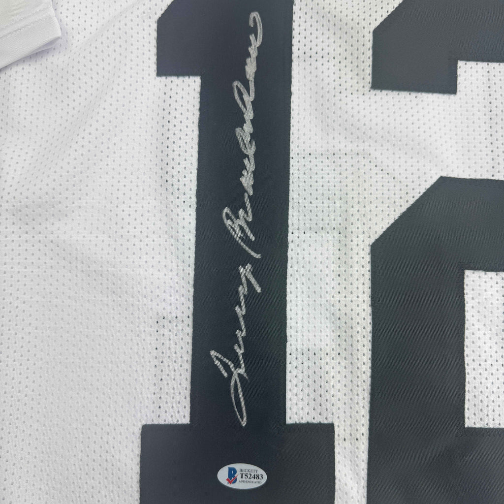 Autographed/Signed Terry Bradshaw Pittsburgh White Football Jersey Beckett BAS COA