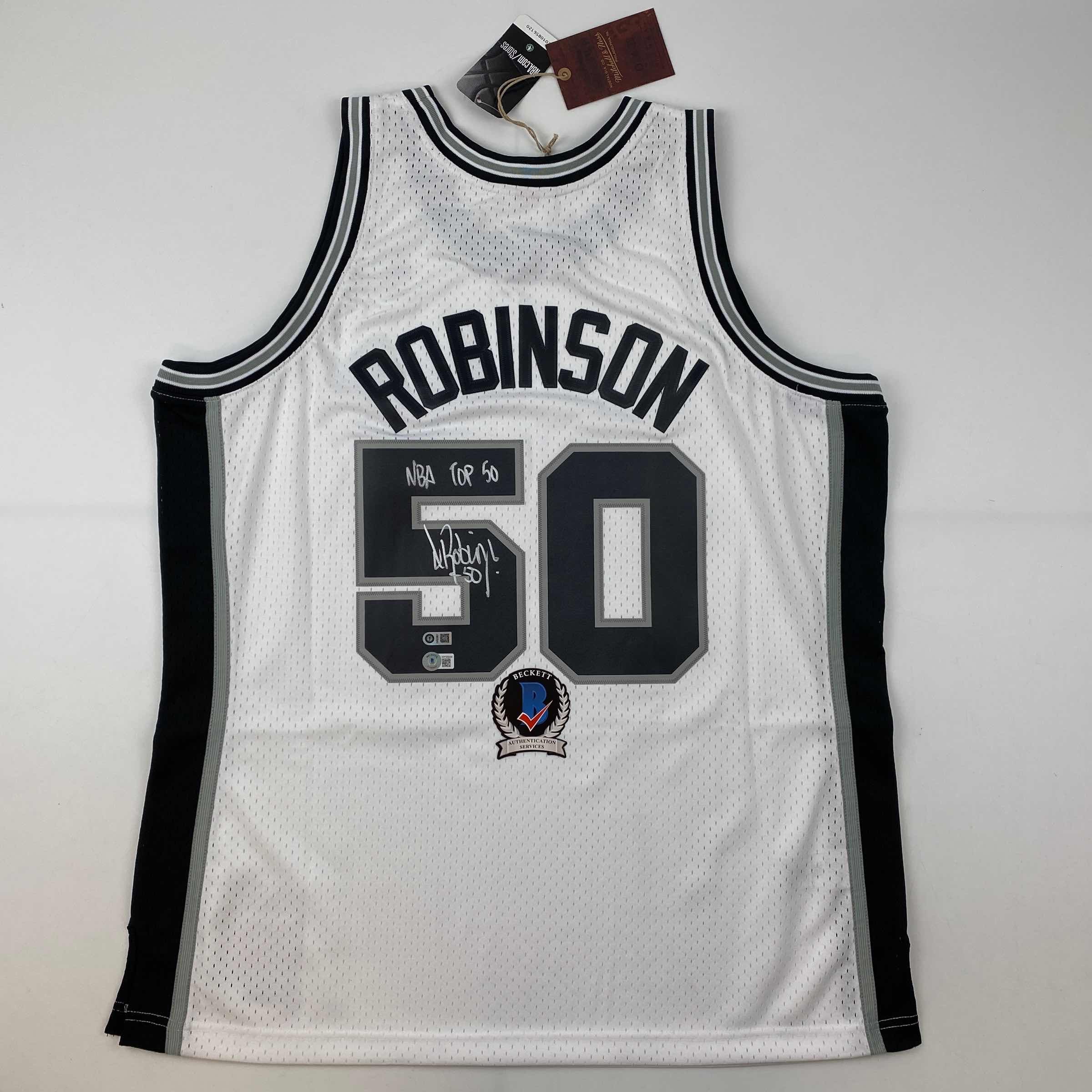 Autographed/Signed David Robinson NBA Top 50 San Antonio Spurs White Authentic M&N Basketball Jersey Beckett BAS COA