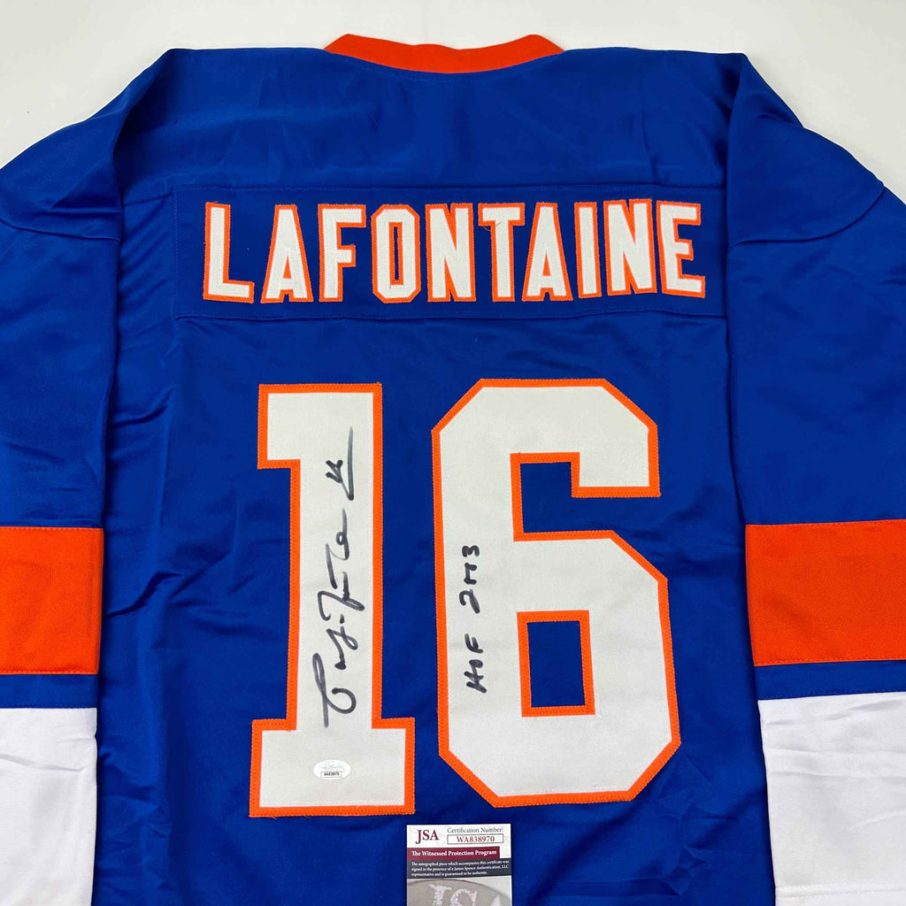 Autographed/Signed Pat Lafontaine HOF 03 New York Blue Hockey Jersey JSA COA