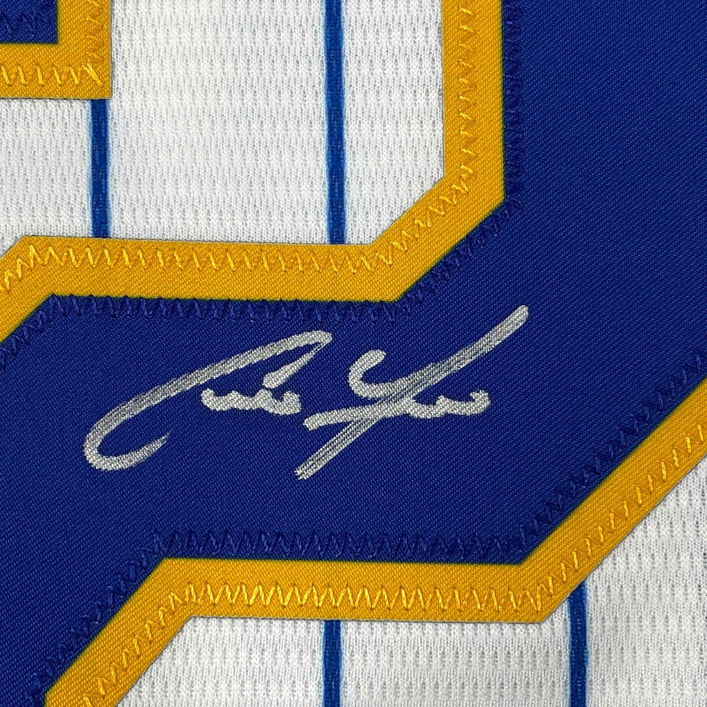 Autographed/Signed Christian Yelich Brew Crew Milwaukee Brewers Pinstripe Cool Base Baseball Jersey JSA COA