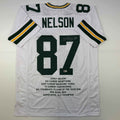 Autographed/Signed Jordy Nelson Green Bay White Stat Football Jersey Beckett BAS COA