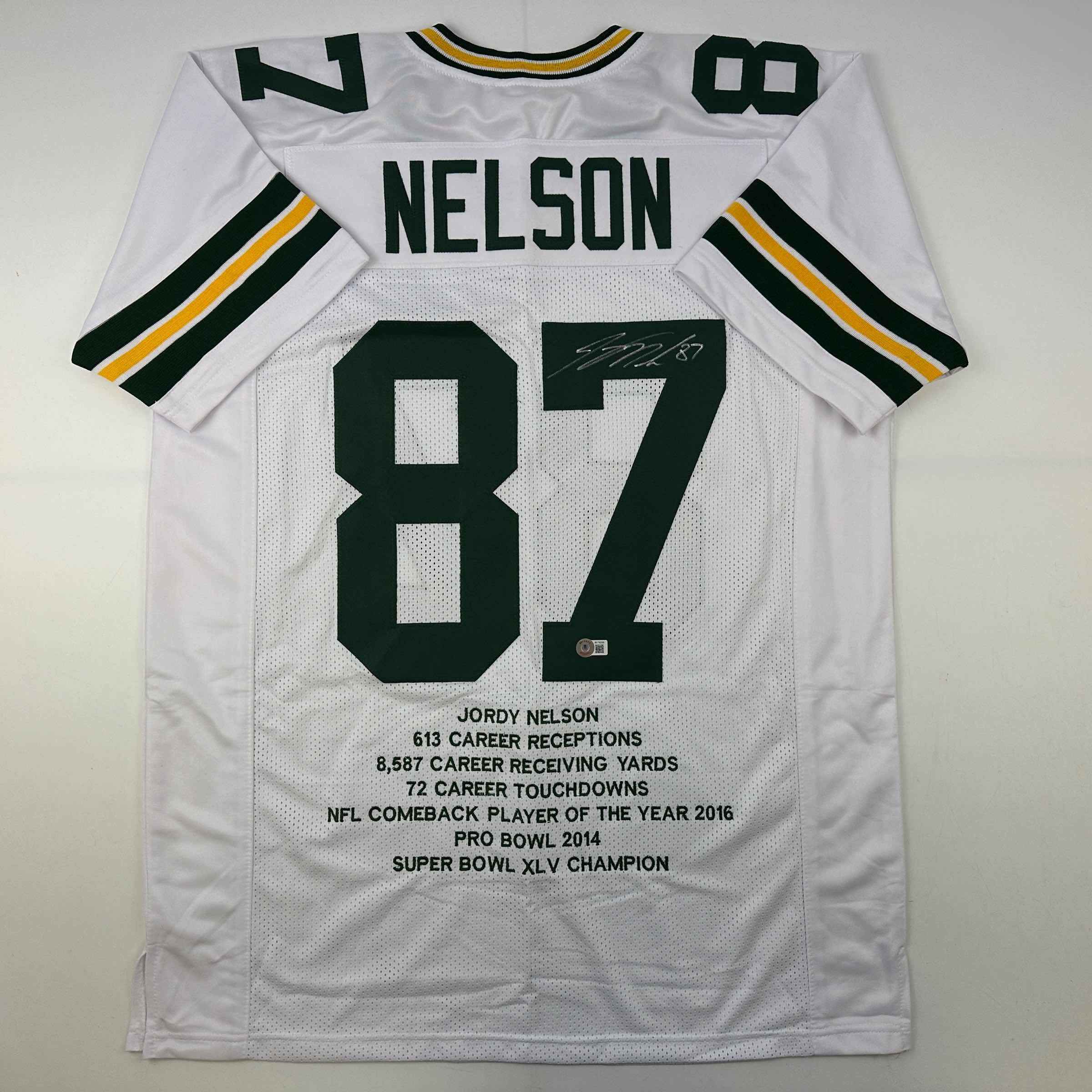 Autographed/Signed Jordy Nelson Green Bay White Stat Football Jersey Beckett BAS COA