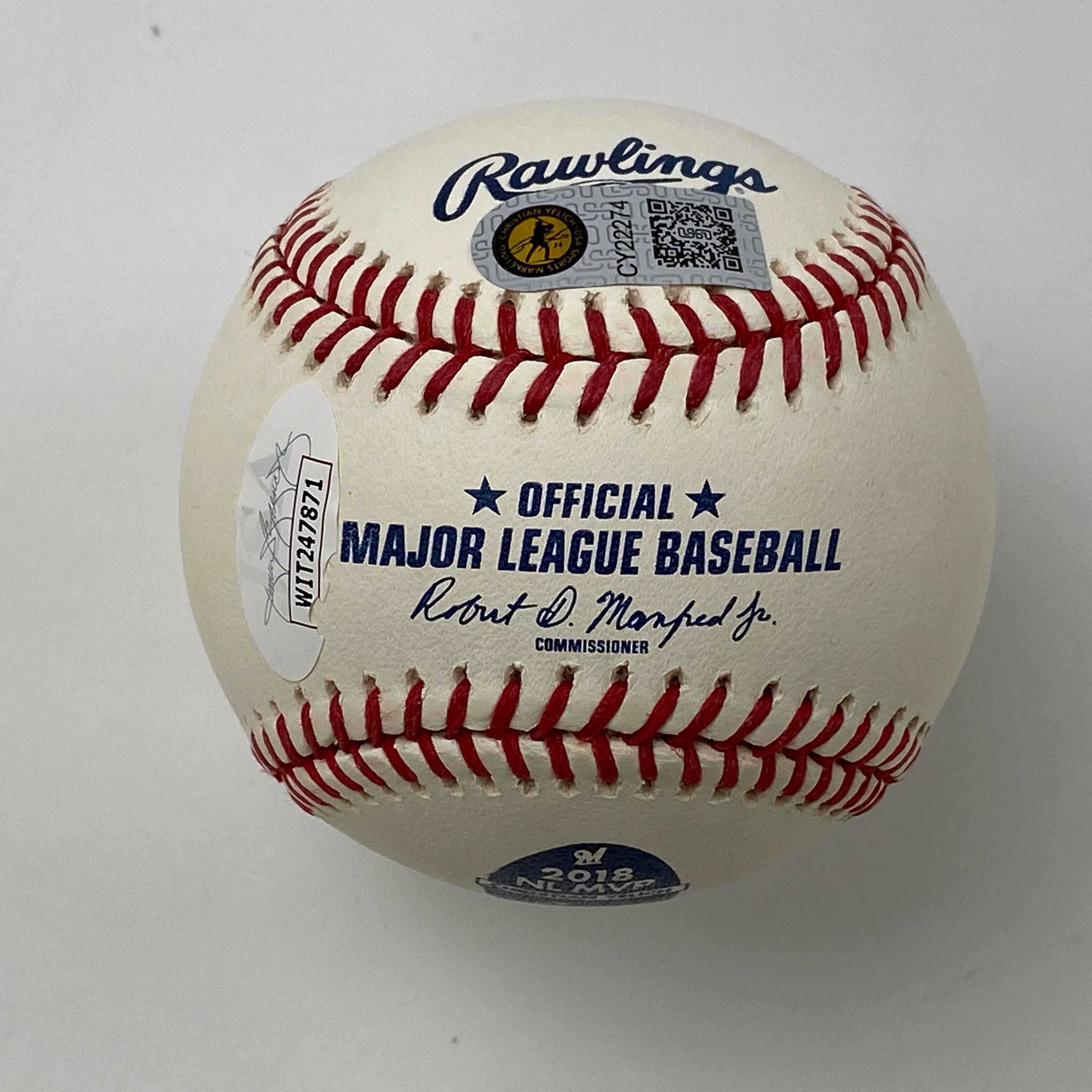 Autographed/Signed Christian Yelich Yeli 2018 NL MVP Rawlings Official Major League Baseball ROML JSA COA