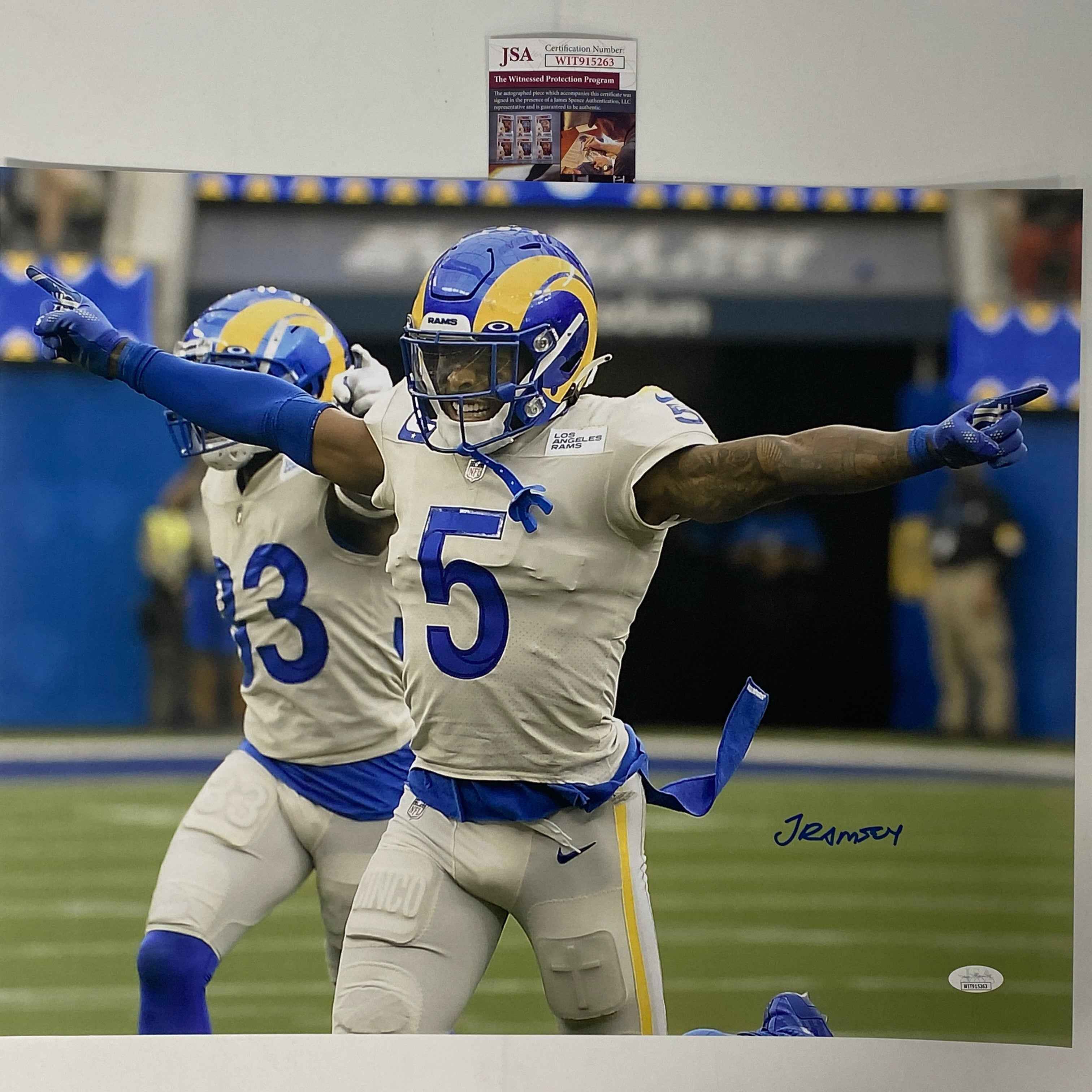 Autographed/Signed Jalen Ramsey Los Angeles LA Rams 16x20 Football Photo JSA COA #3