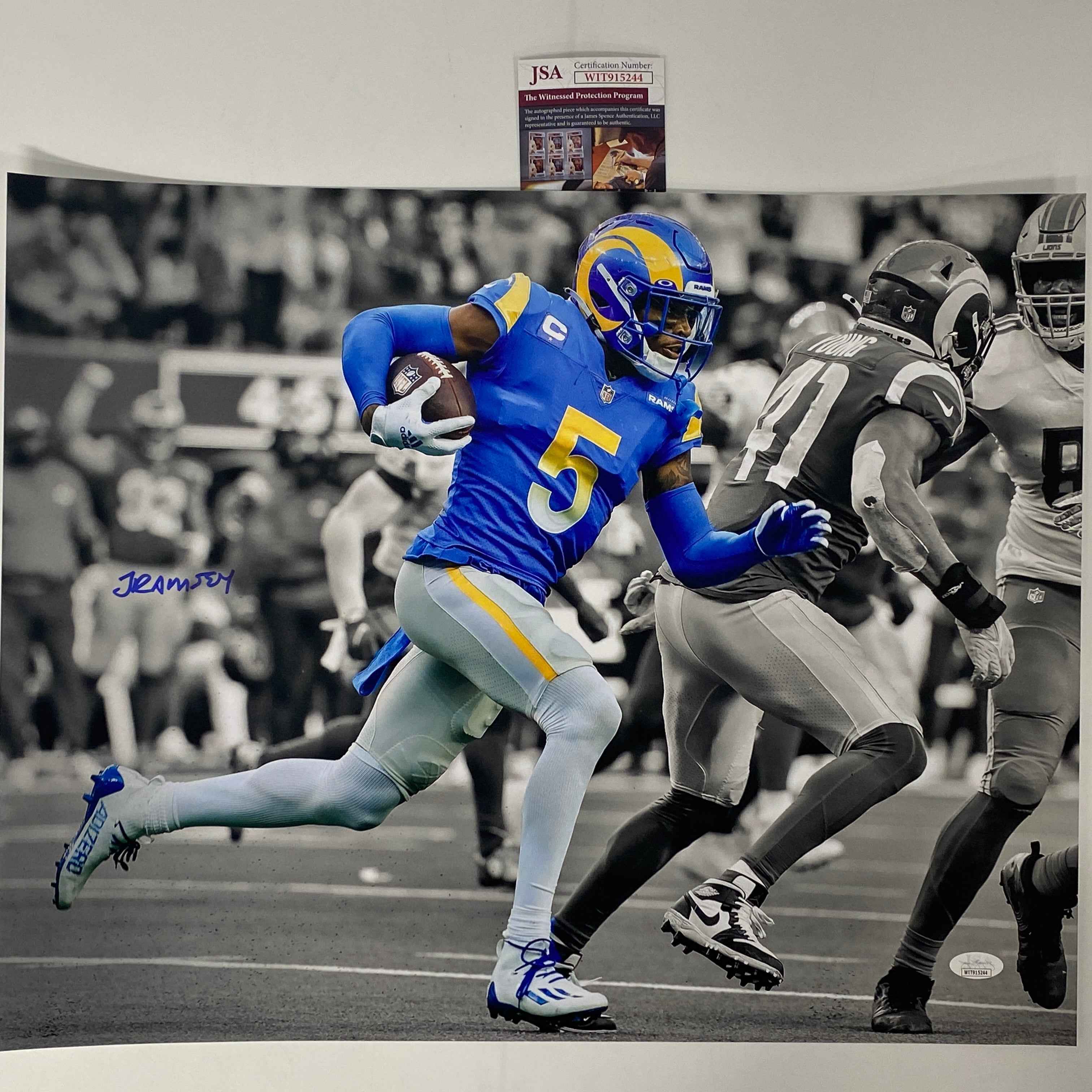 Autographed/Signed Jalen Ramsey Los Angeles LA Rams 16x20 Football Photo JSA COA #2