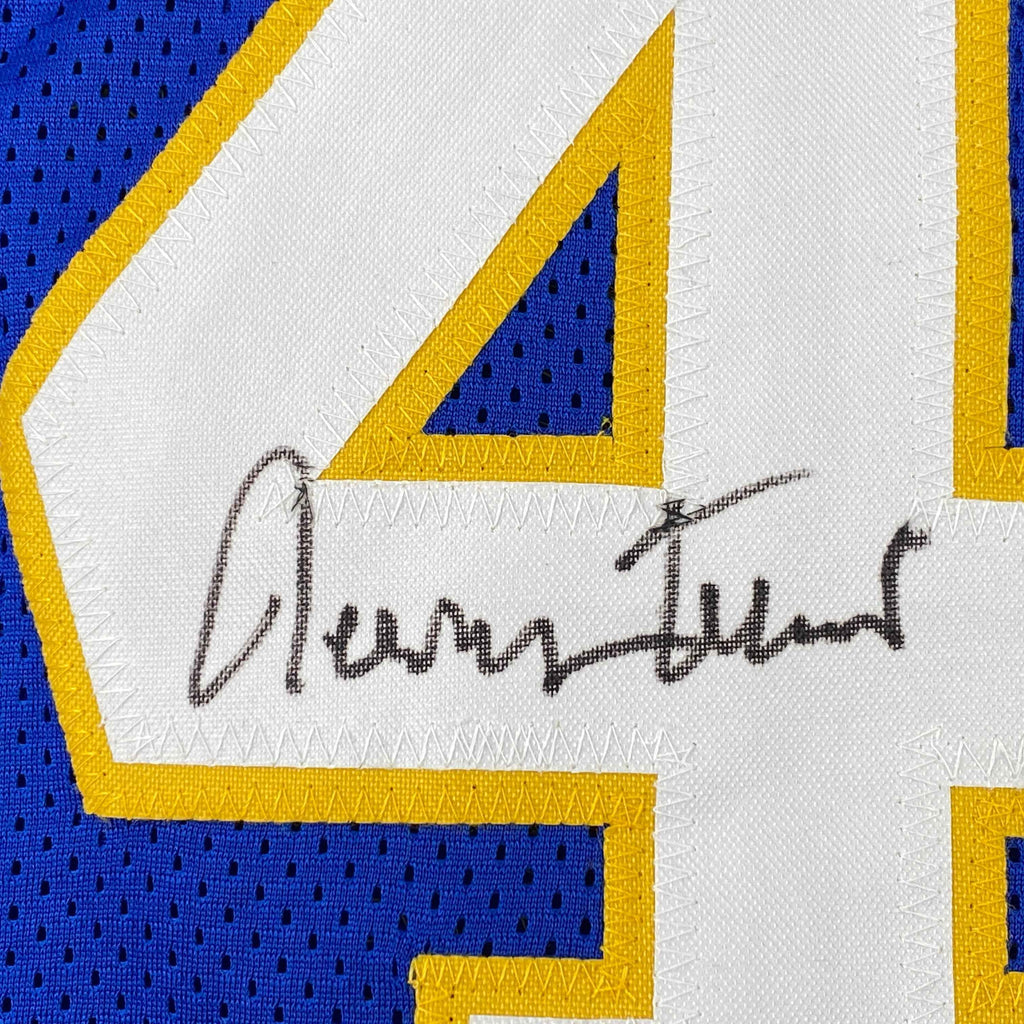 Autographed/Signed Jerry West West Virginia Blue College Basketball Jersey JSA COA