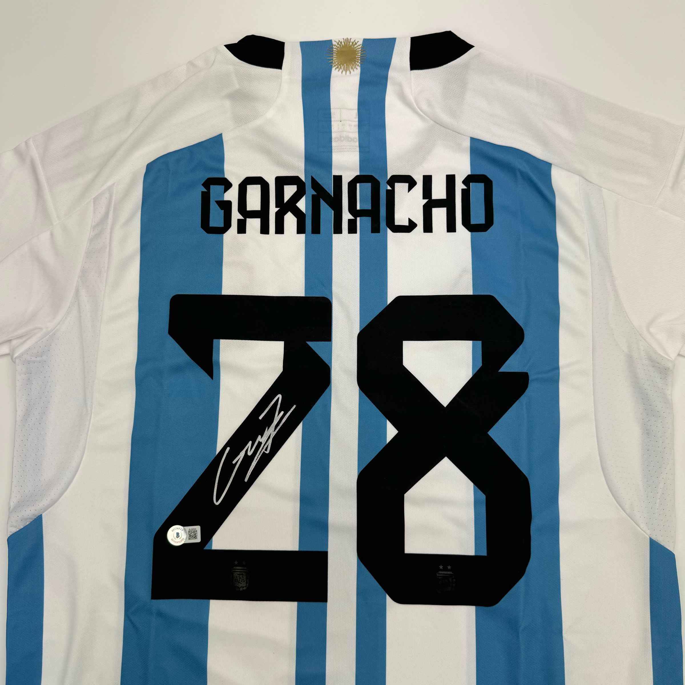 Autographed/Signed Alejandro Garnacho Argentina Blue Soccer Futbol Jersey Beckett BAS COA