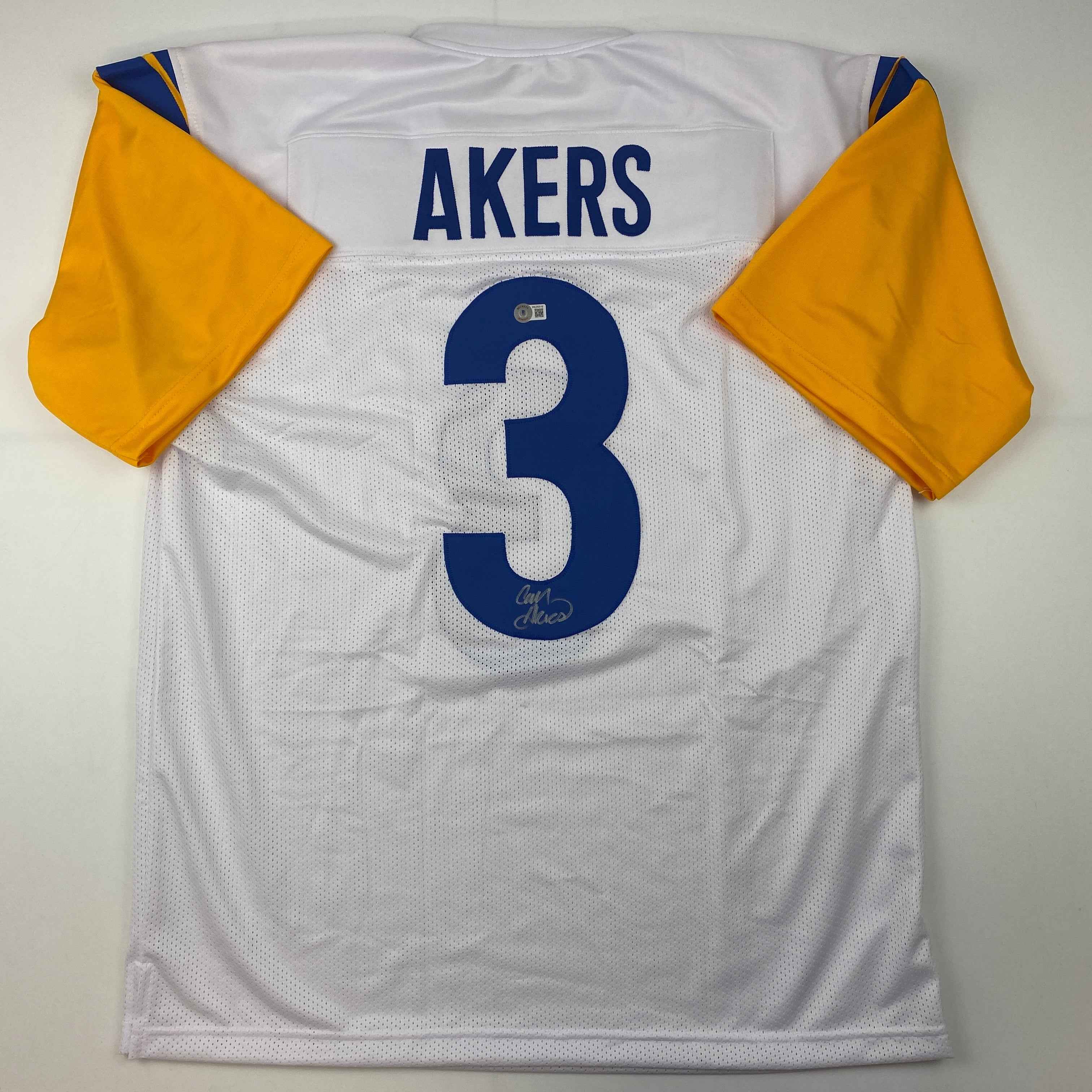 Autographed/Signed Cam Akers Los Angeles LA White Football Jersey Beckett BAS COA
