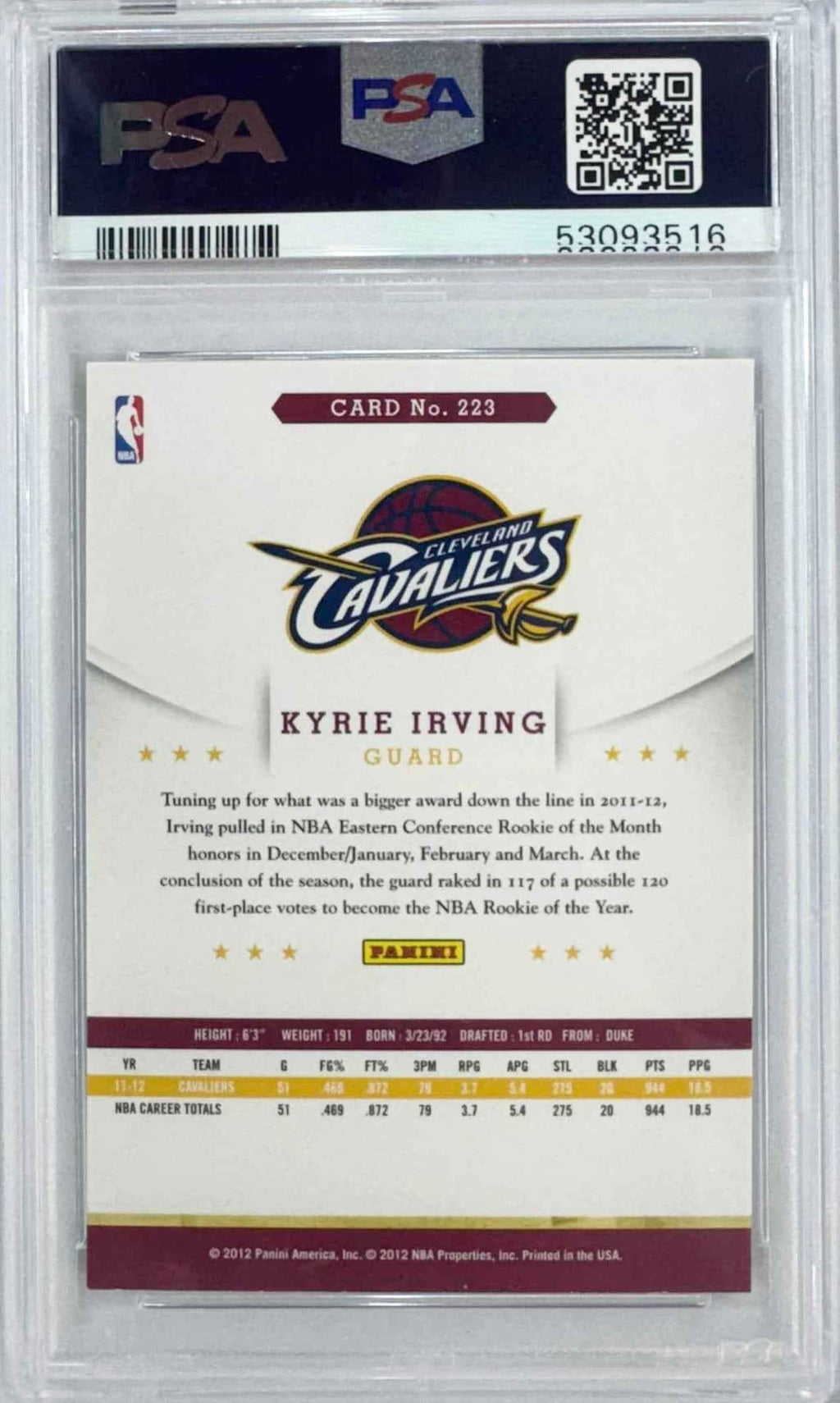 Graded 2012-13 Panini Hoops Kyrie Irving #223 Rookie RC Basketball Card PSA 10 Gem Mint