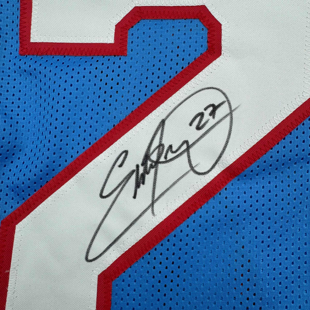 Framed Autographed/Signed Eddie George 35x39 Tennessee Retro Blue Football Jersey Beckett BAS COA