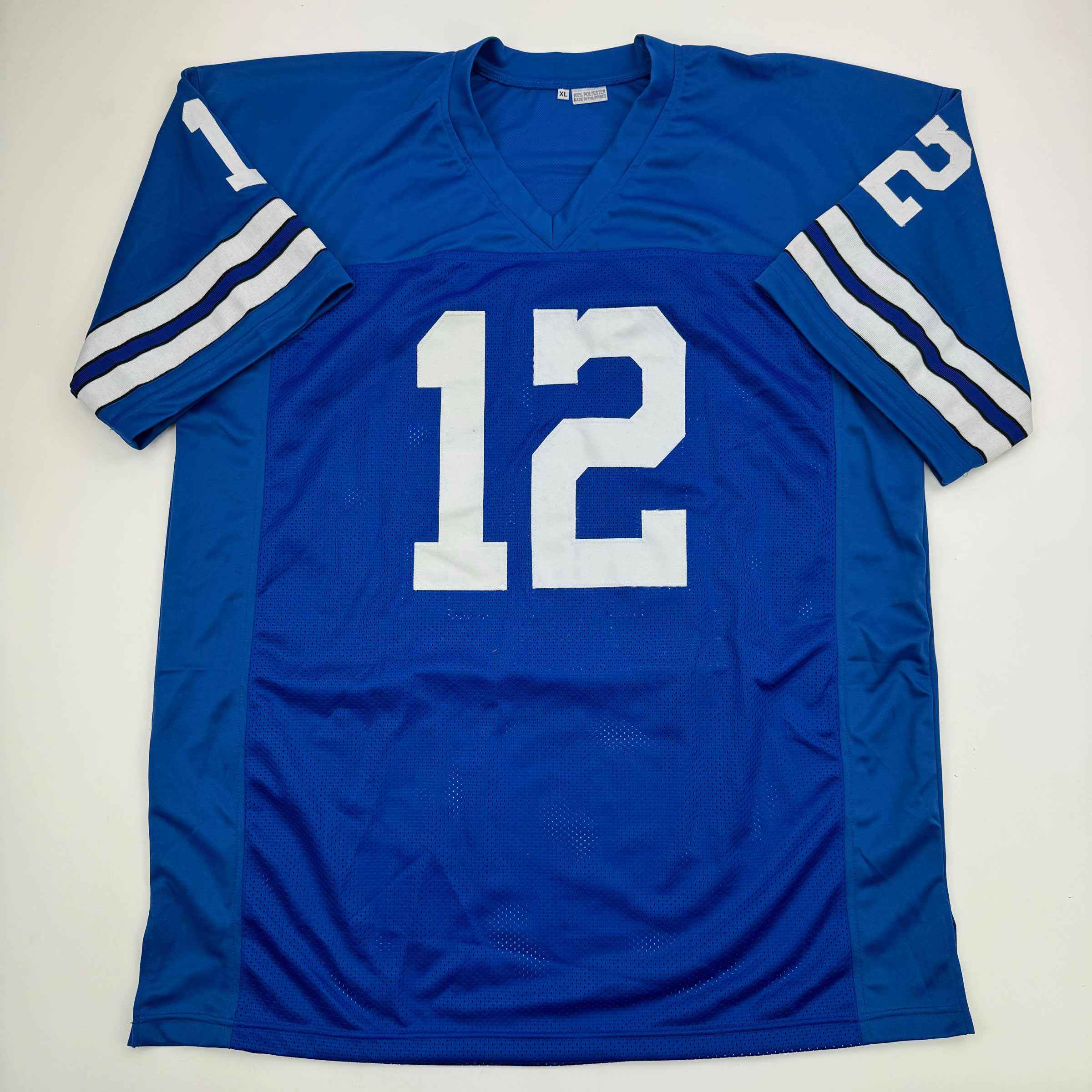 Autographed/Signed Roger Staubach Dallas Blue Football Jersey Beckett BAS COA