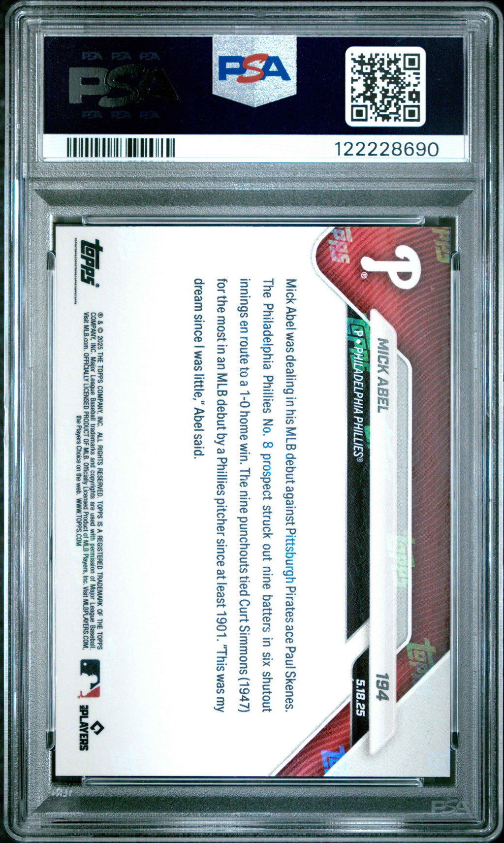Graded 2025 Topps Now Mick Abel #194 Gold Foil /50 Rookie Baseball Card PSA 9 Mint