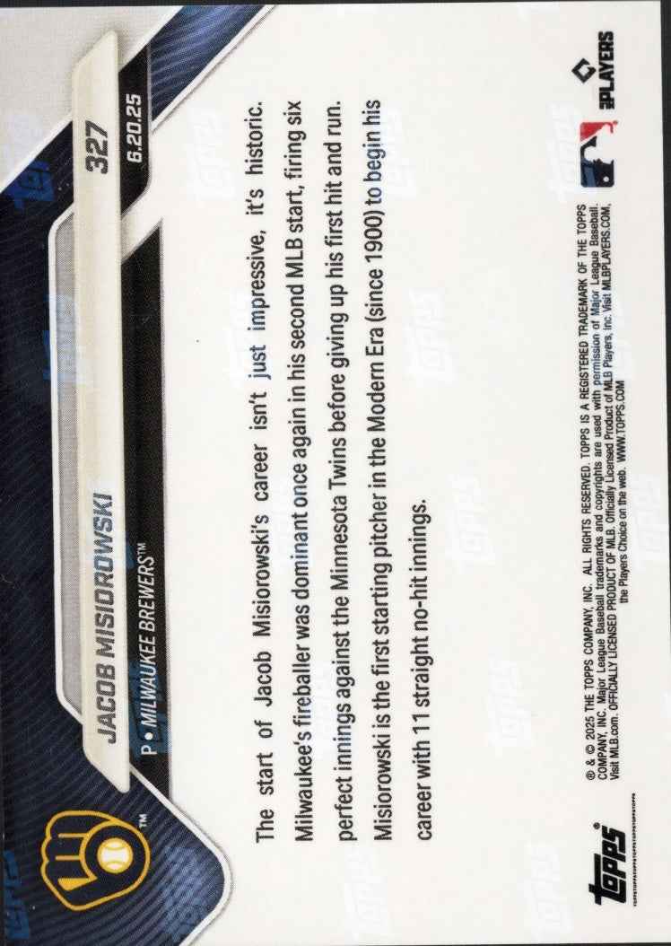 2025 Topps Now Jacob Misiorowski #327 Gold Foil /50 Milwaukee Brewers Rookie RC Baseball Card