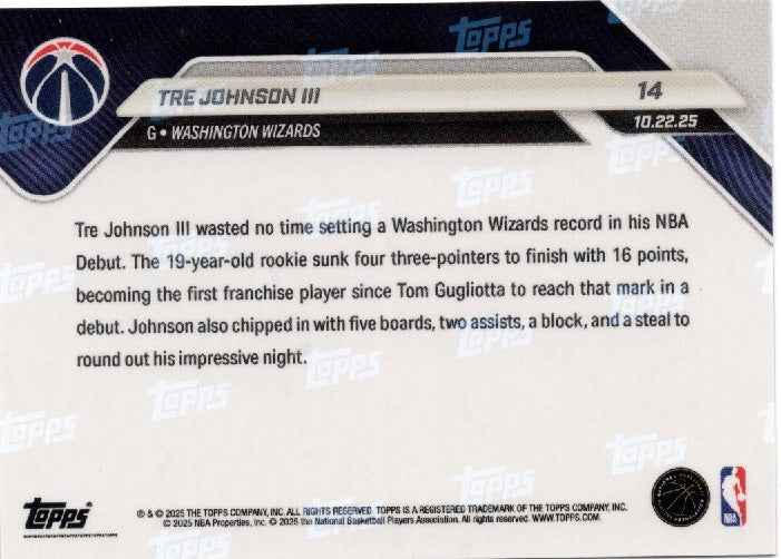 2025 Topps Now Tre Johnson #14 Gold Foil /50 Washington Wizards Rookie RC Basketball Card