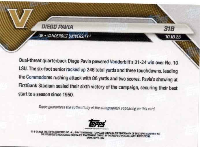 2025 Topps Bowman U Now Diego Pavia #31B Red Auto /5 Vanderbilt Commodores Rookie RC Football Card
