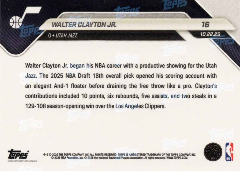 2025 Topps Now Walter Clayton Jr #16 Gold Foil /50 Utah Jazz Rookie RC Basketball Card