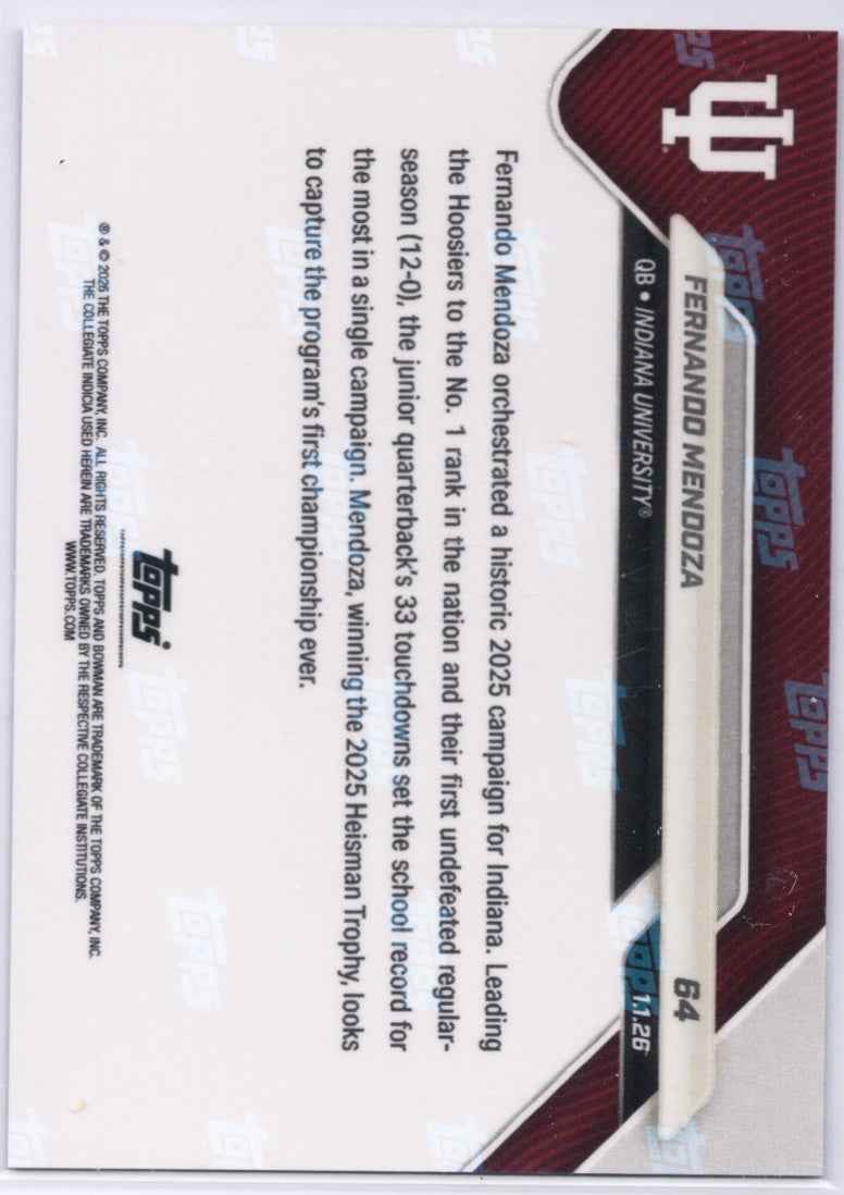 2025 Topps Bowman U Now Fernando Mendoza #64 Red Foil /5 Indiana Hoosiers Rookie RC Football Card