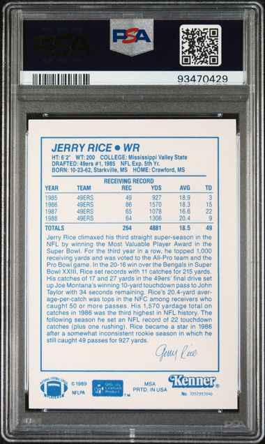 Graded 1989 Kenner Starting Lineup #NNO Jerry Rice Football Card PSA 7 NM