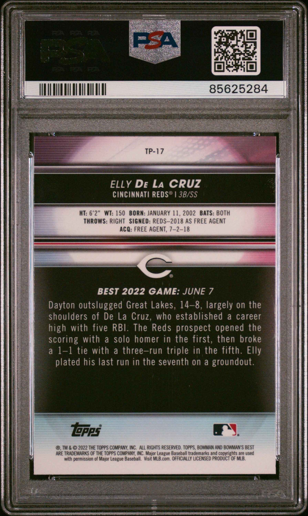 Graded 2022 Topps Bowmans Best Elly De La Cruz #TP17 Top Prospects Rookie RC Baseball Card PSA 9 Mint