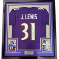 Framed Autographed/Signed Jamal Lewis 35x39 Baltimore Purple Football Jersey JSA COA