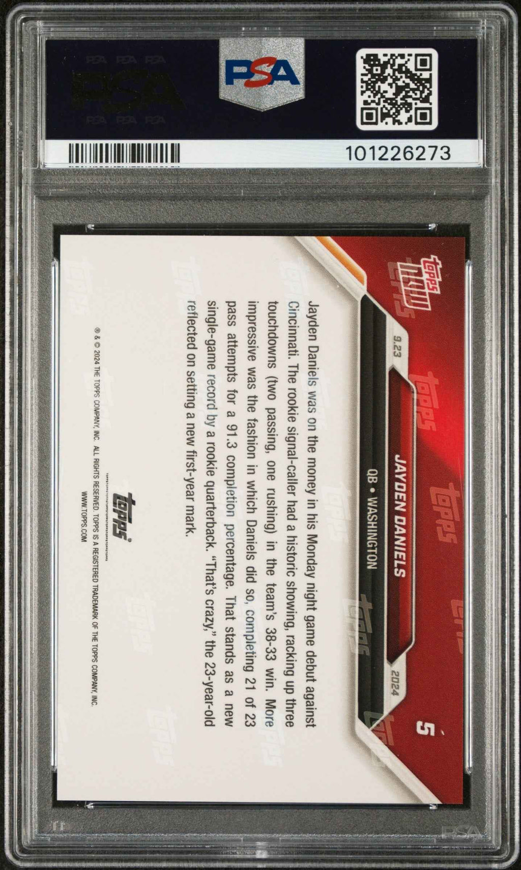 Graded 2024 Topps Now Jayden Daniels #5 Rookie RC Football Card PSA 9 Mint