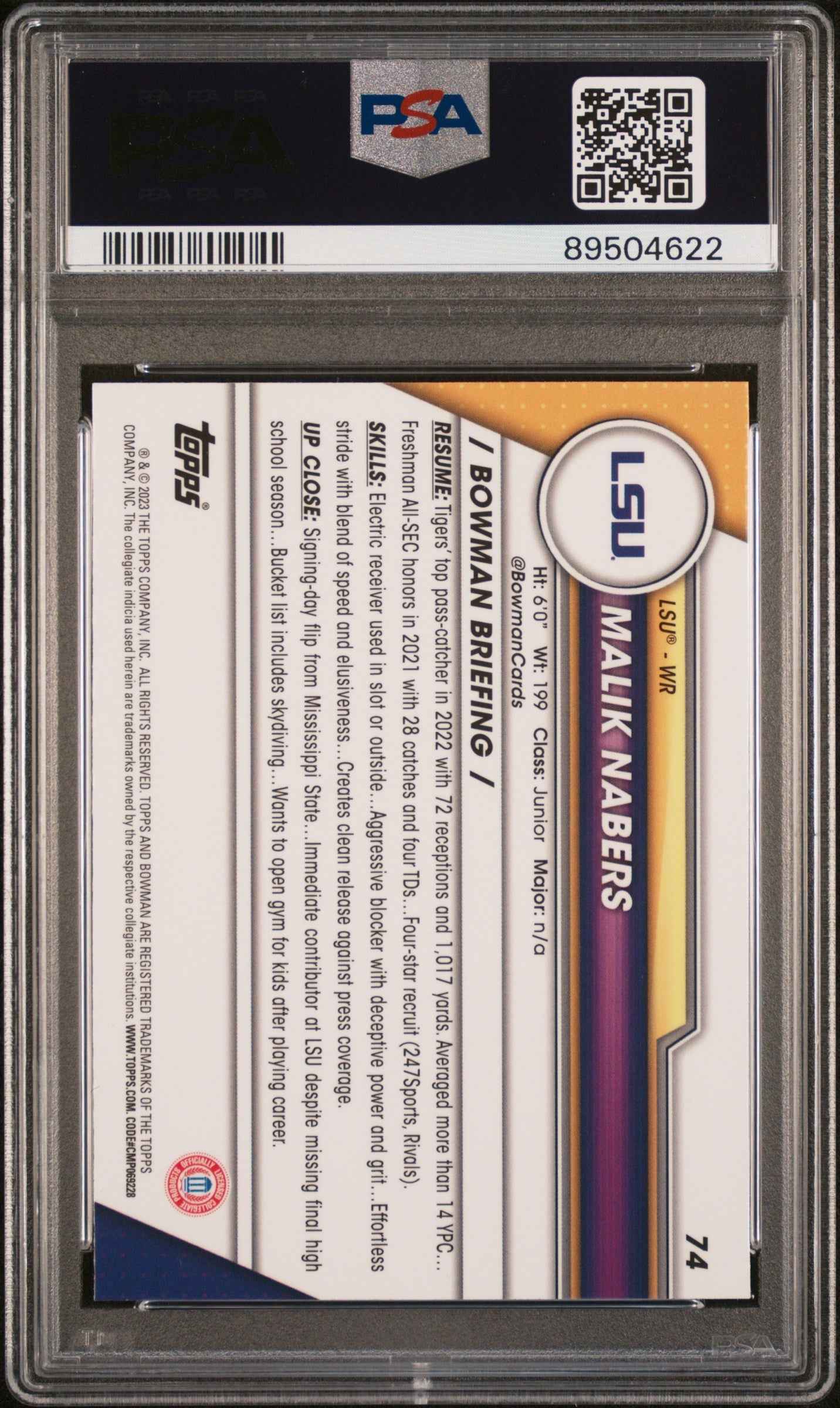 Graded 2023 Topps Bowman U Sapphire Malik Nabers #74 Rookie RC Football Card PSA 10 Gem Mint