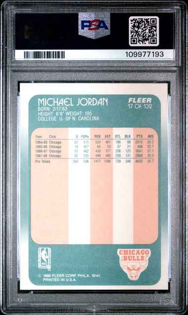 Graded 1988 Fleer Michael Jordan #17 3rd Year Basketball Card PSA 6 EX-MT