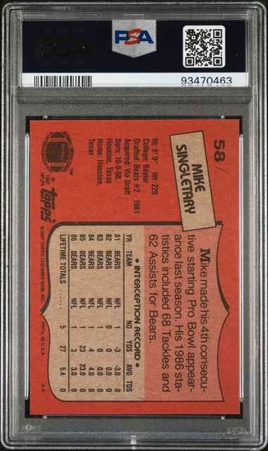 Graded 1987 Topps Mike Singletary #58 Football Card PSA 9 Mint