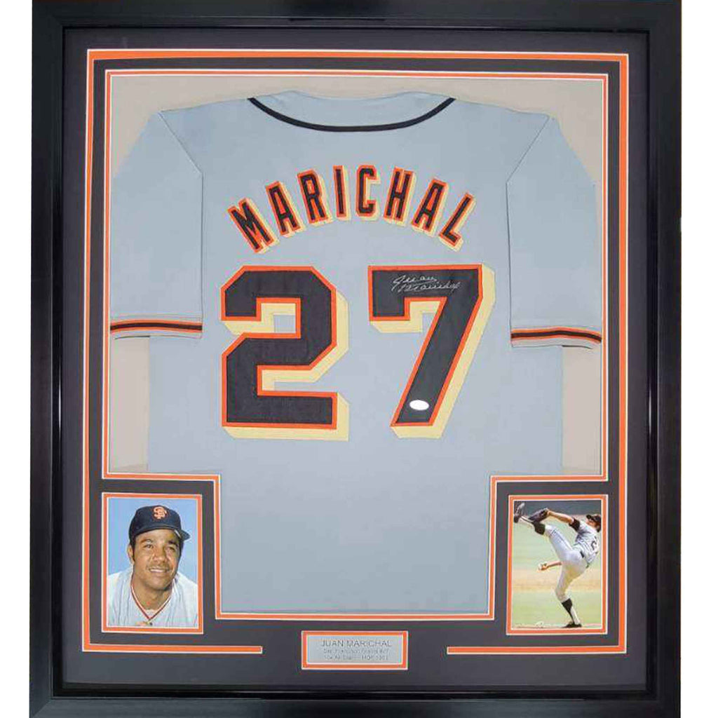Framed Autographed/Signed Juan Marichal 35x39 San Francisco Grey Baseball Jersey JSA COA
