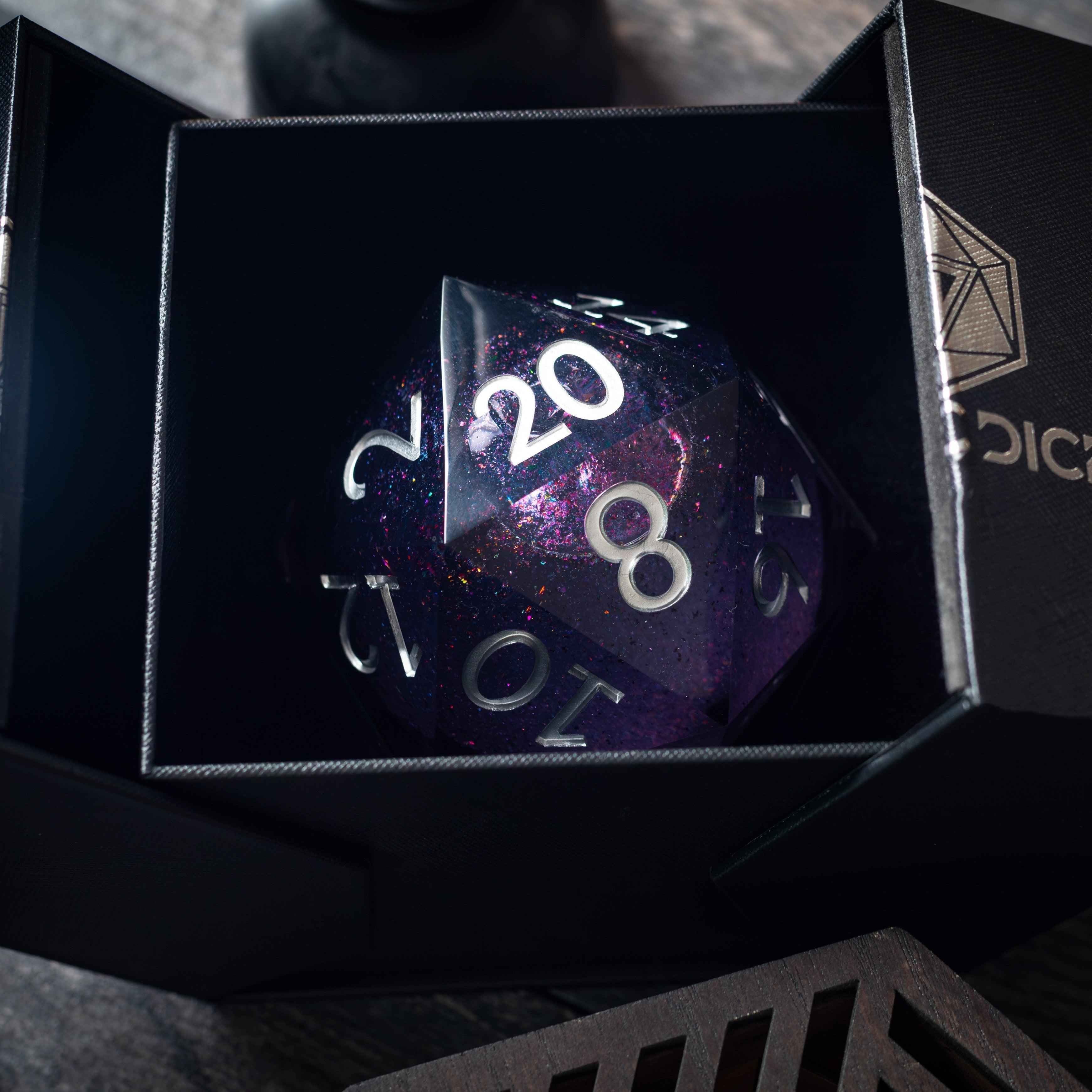 Massive Black Rainbow Glitter Liquid Core 95MM Chonk Handmade Resin Dice And Box