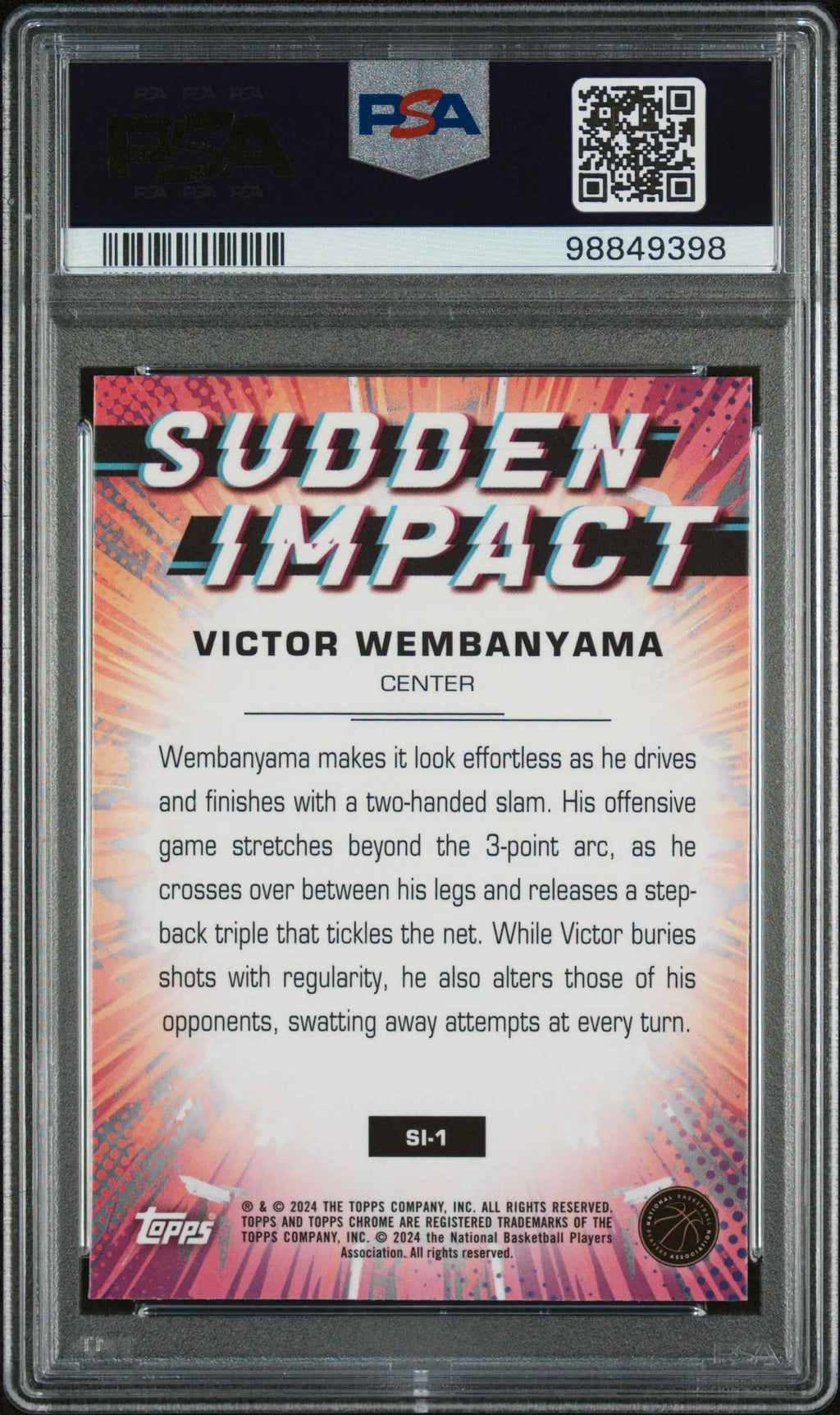 Graded 2023 Topps Chrome Victor Wembanyama #SI1 Sudden Impact Rookie RC Basketball Card PSA 10 Gem Mint