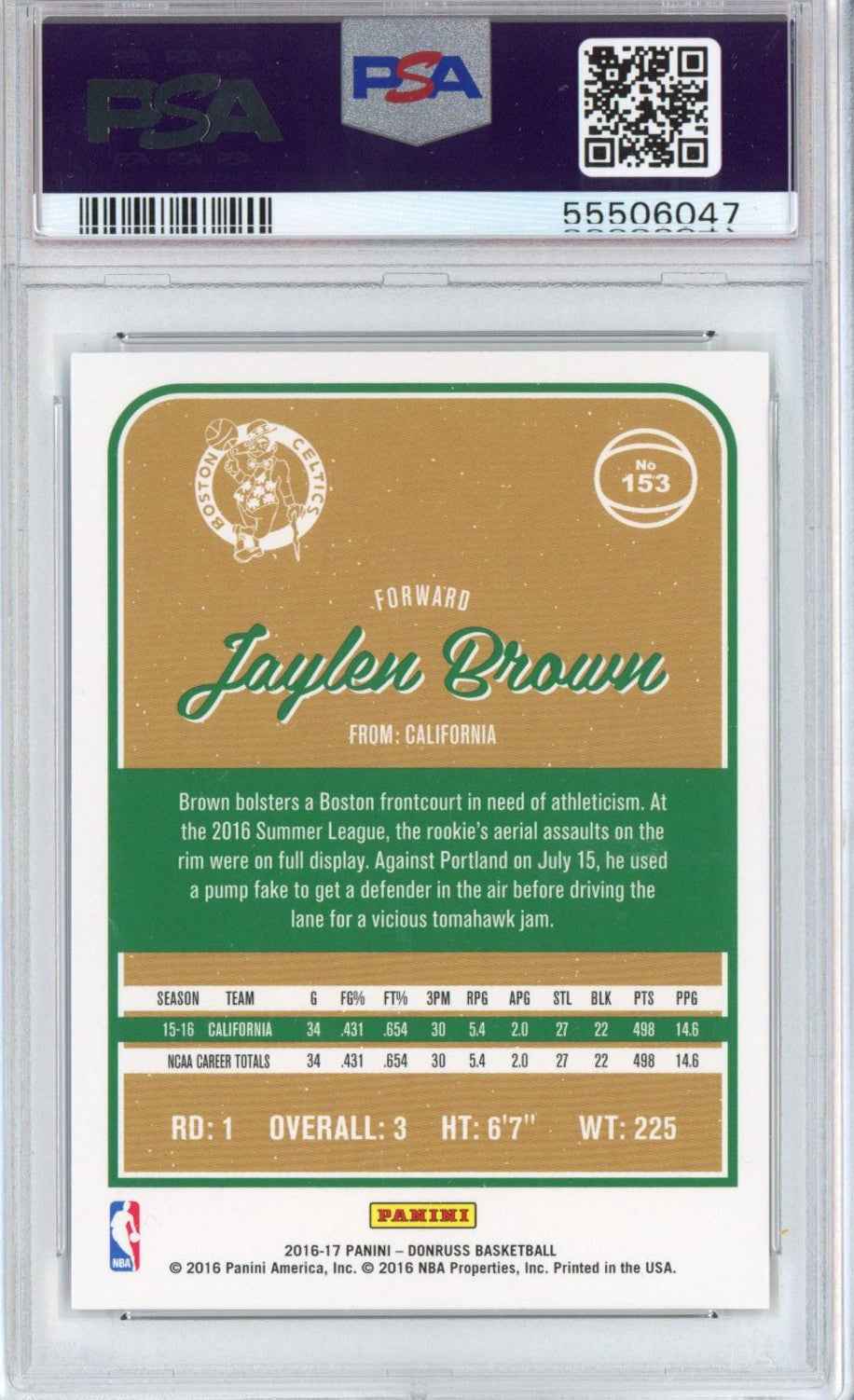 Graded 2016-17 Panini Donruss Jaylen Brown #153 Rookie RC Basketball Card PSA 10 Gem Mint