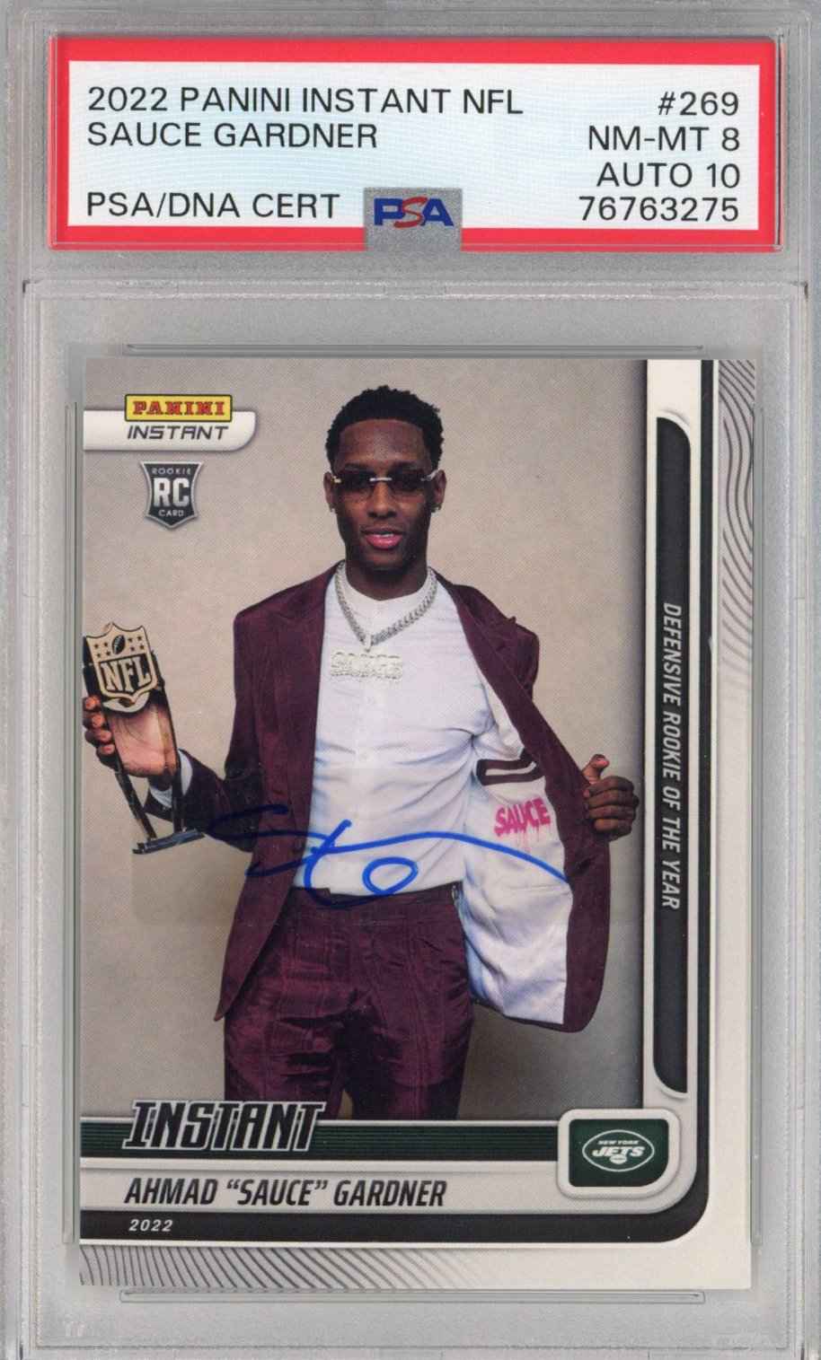Graded 2022 Panini Instant Ahmad Sauce Gardner #269 Rookie RC Football Card PSA 8 Auto 10