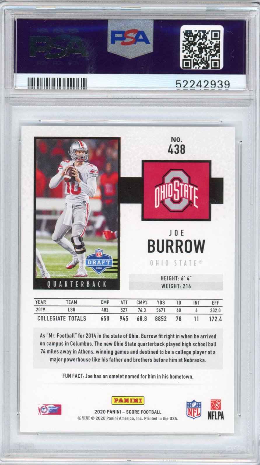 Graded 2020 Panini Score Joe Burrow #438 Rookie RC Football Card PSA 9 Mint