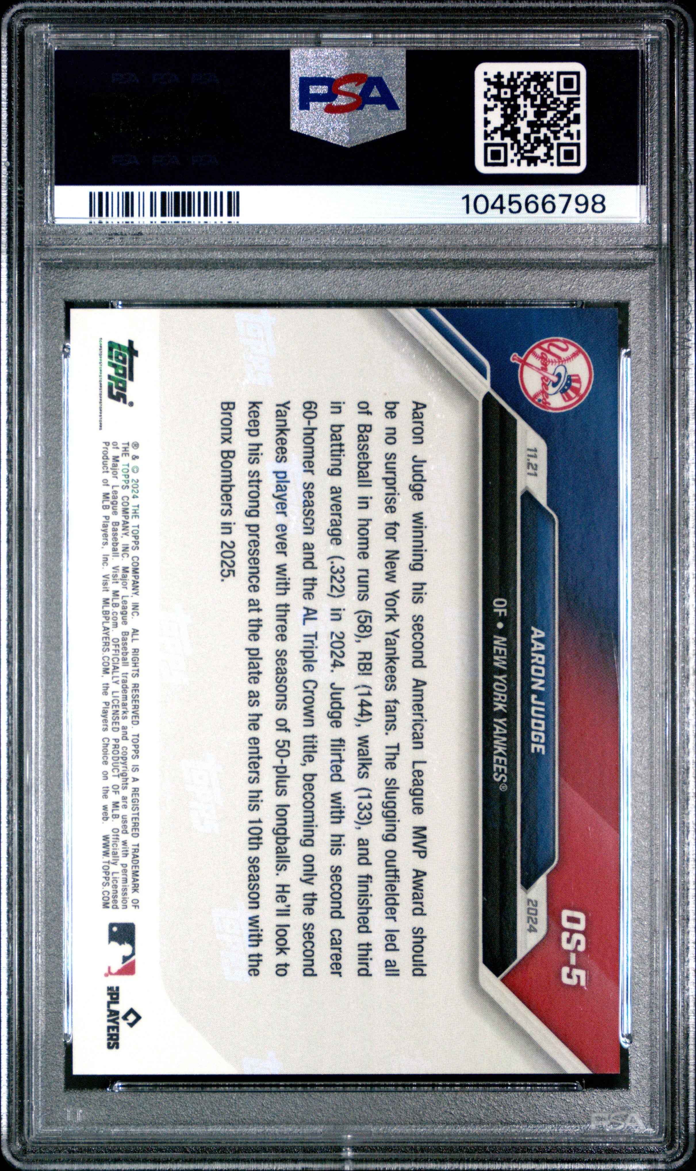 Graded 2024 Topps Now Aaron Judge #OS5 Offseason Baseball Card PSA 9 Mint
