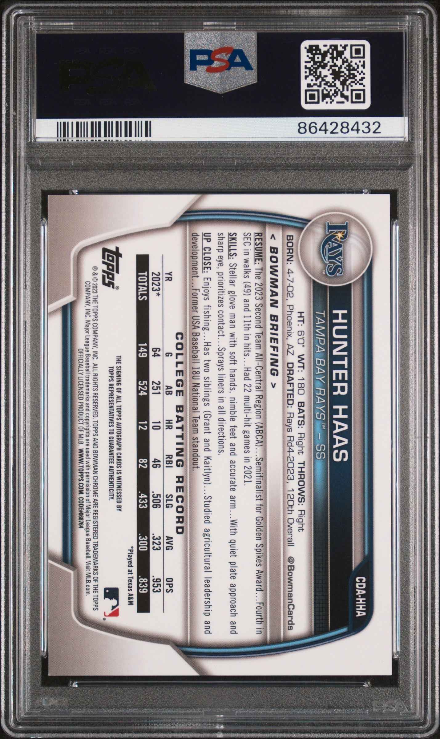 Graded 2023 Topps Bowman Draft Hunter Haas #CDAHHA Chrome Prospects Auto Rookie RC Baseball Card PSA 6