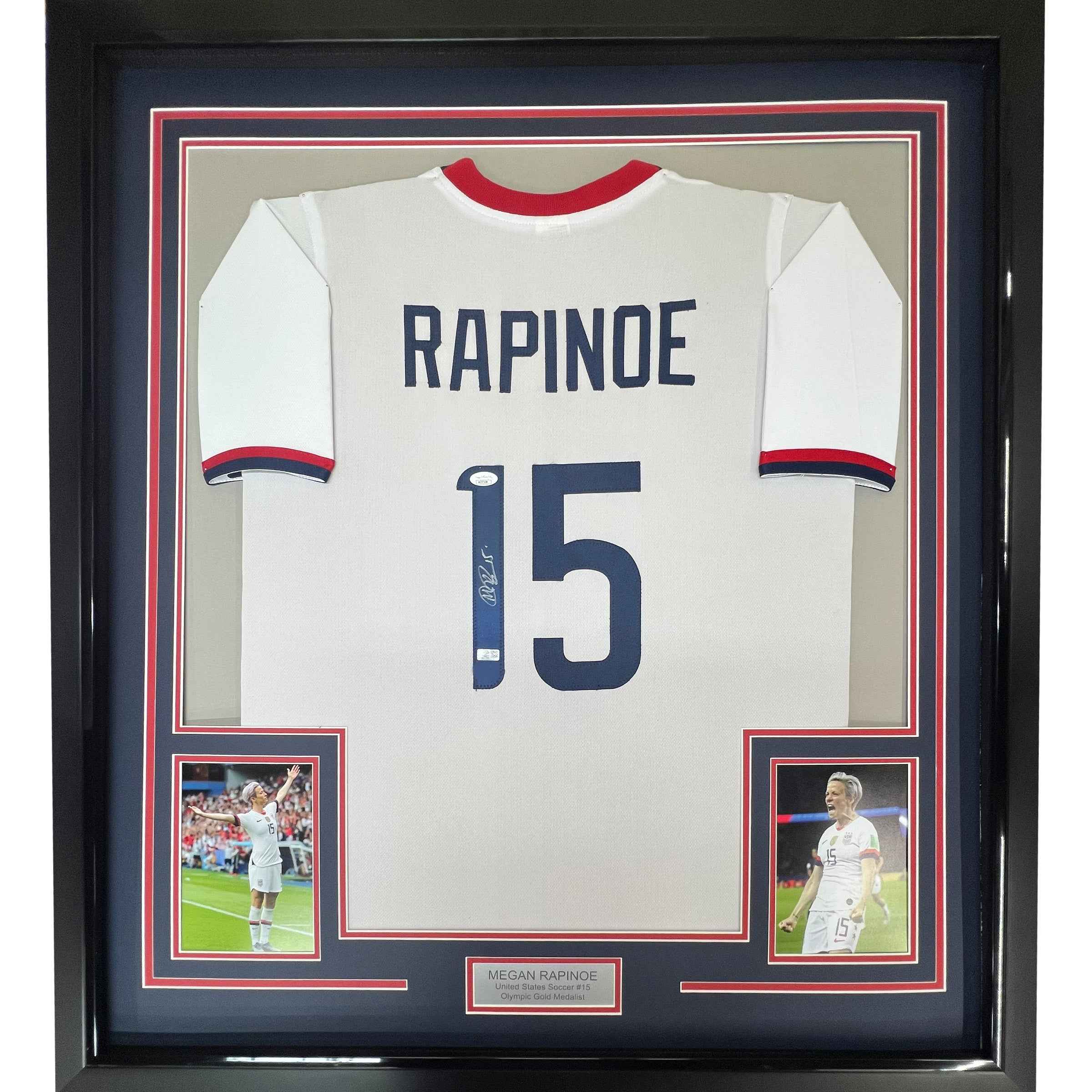 Framed Autographed/Signed Megan Rapinoe 35x39 White Soccer Team USA United States World Cup Jersey JSA COA