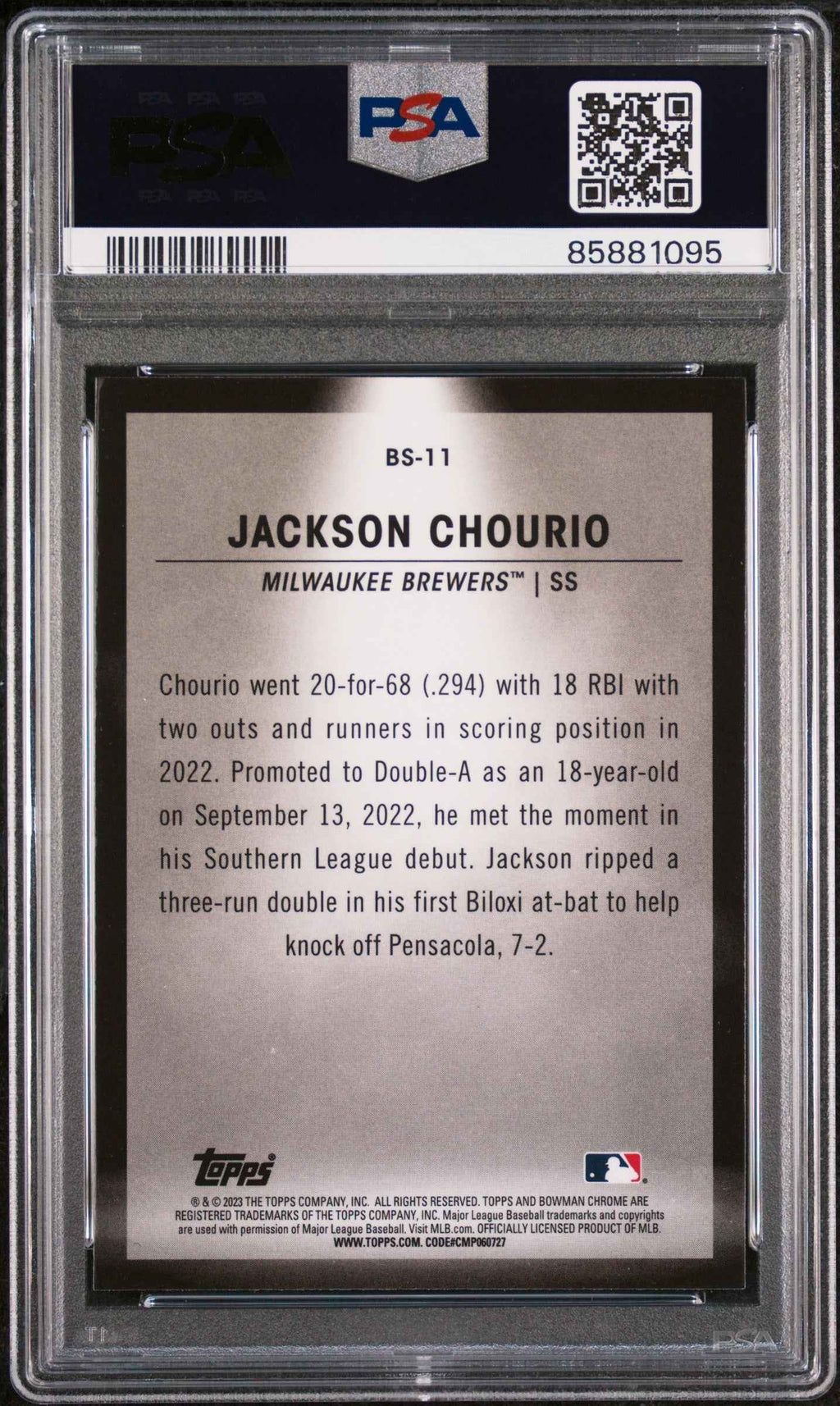 Graded 2023 Topps Bowman Jackson Chourio #BS11 Spotlights Rookie RC Baseball Card PSA 10 Gem Mint