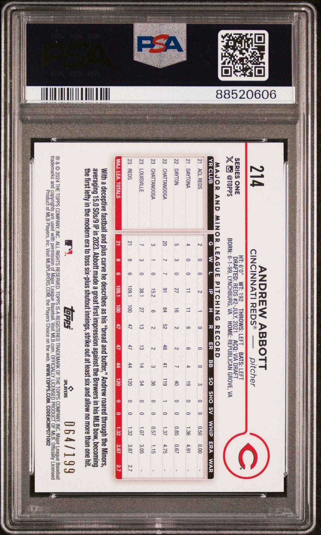 Graded 2024 Topps Andrew Abbott #214 Red Crackle Foil Board /199 Rookie RC Baseball Card PSA 10 Gem Mint