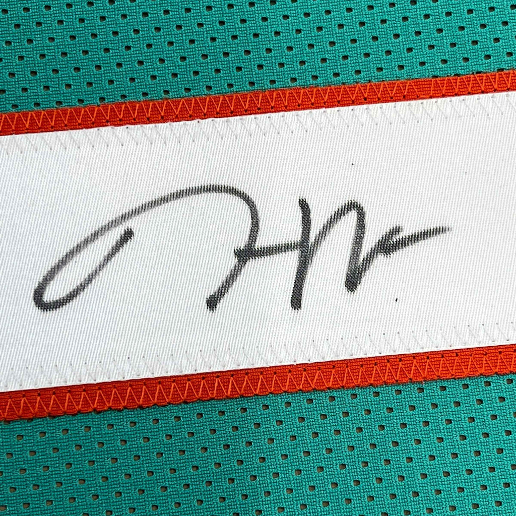 Framed Autographed/Signed Jaylen Waddle 35x39 Miami Teal Football Jersey Beckett BAS COA