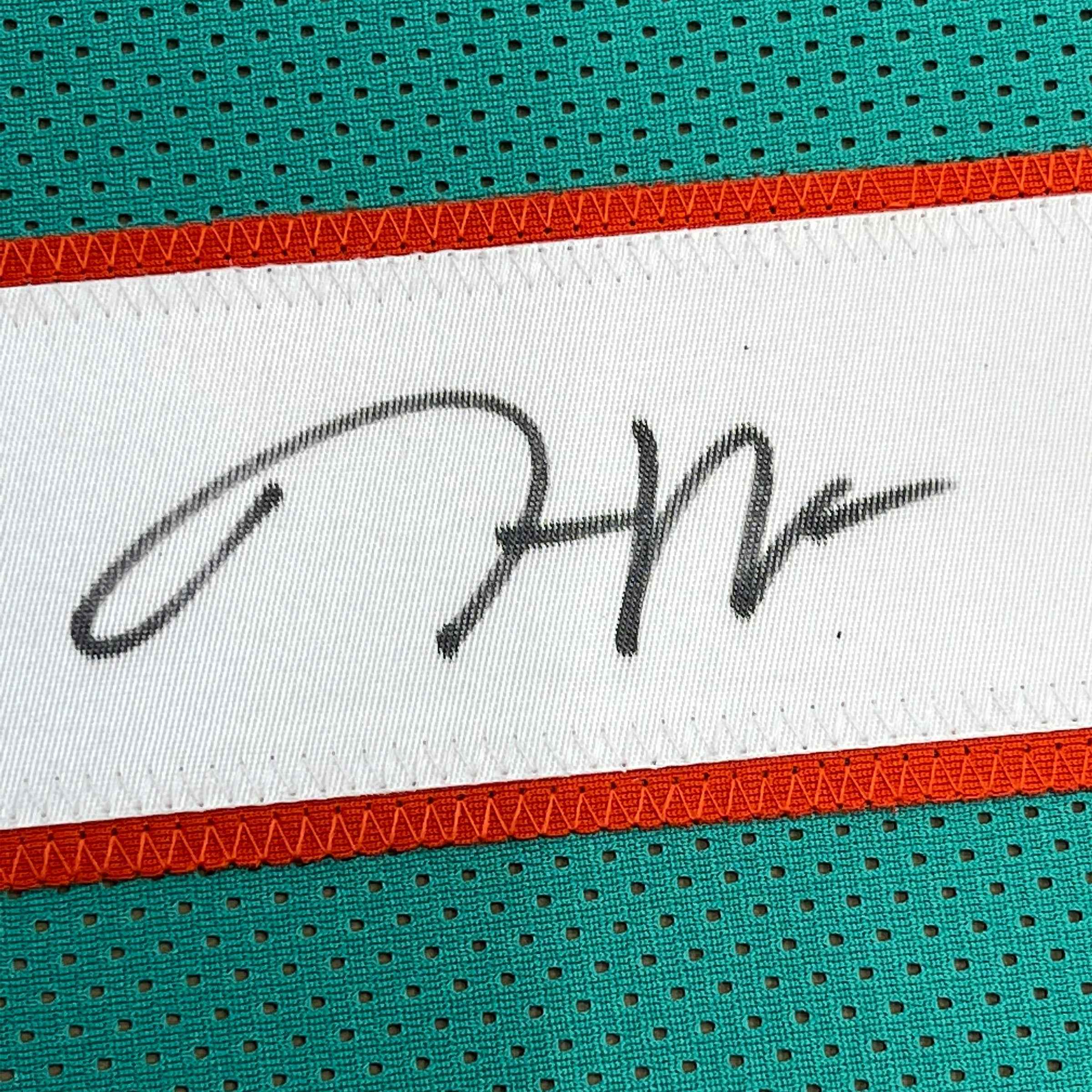 Framed Autographed/Signed Jaylen Waddle 35x39 Miami Teal Football Jersey Beckett BAS COA