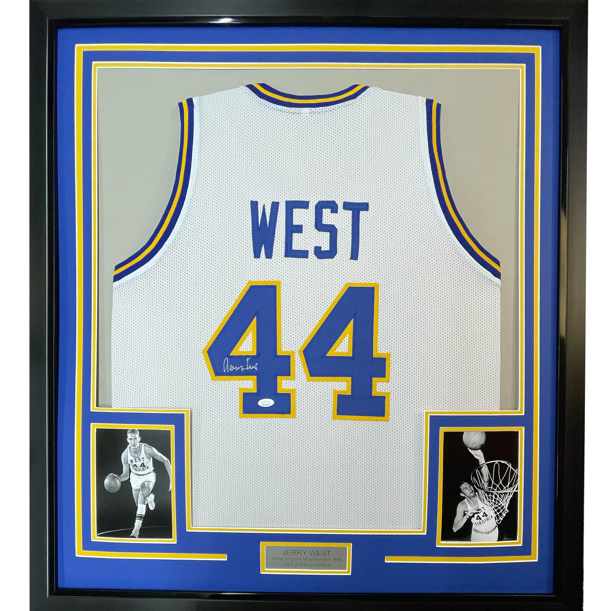 Framed Autographed/Signed Jerry West 35x39 West Virginia White College Basketball Jersey JSA COA