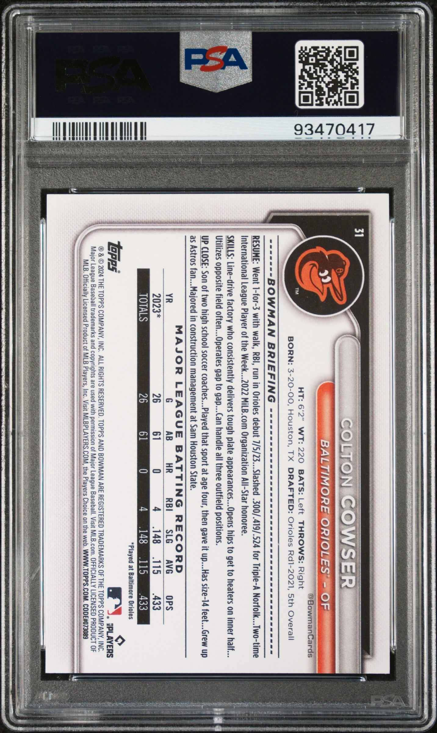 Graded 2024 Topps Bowman Colton Cowser #31 Rookie RC Baseball Card PSA 10 Gem Mint