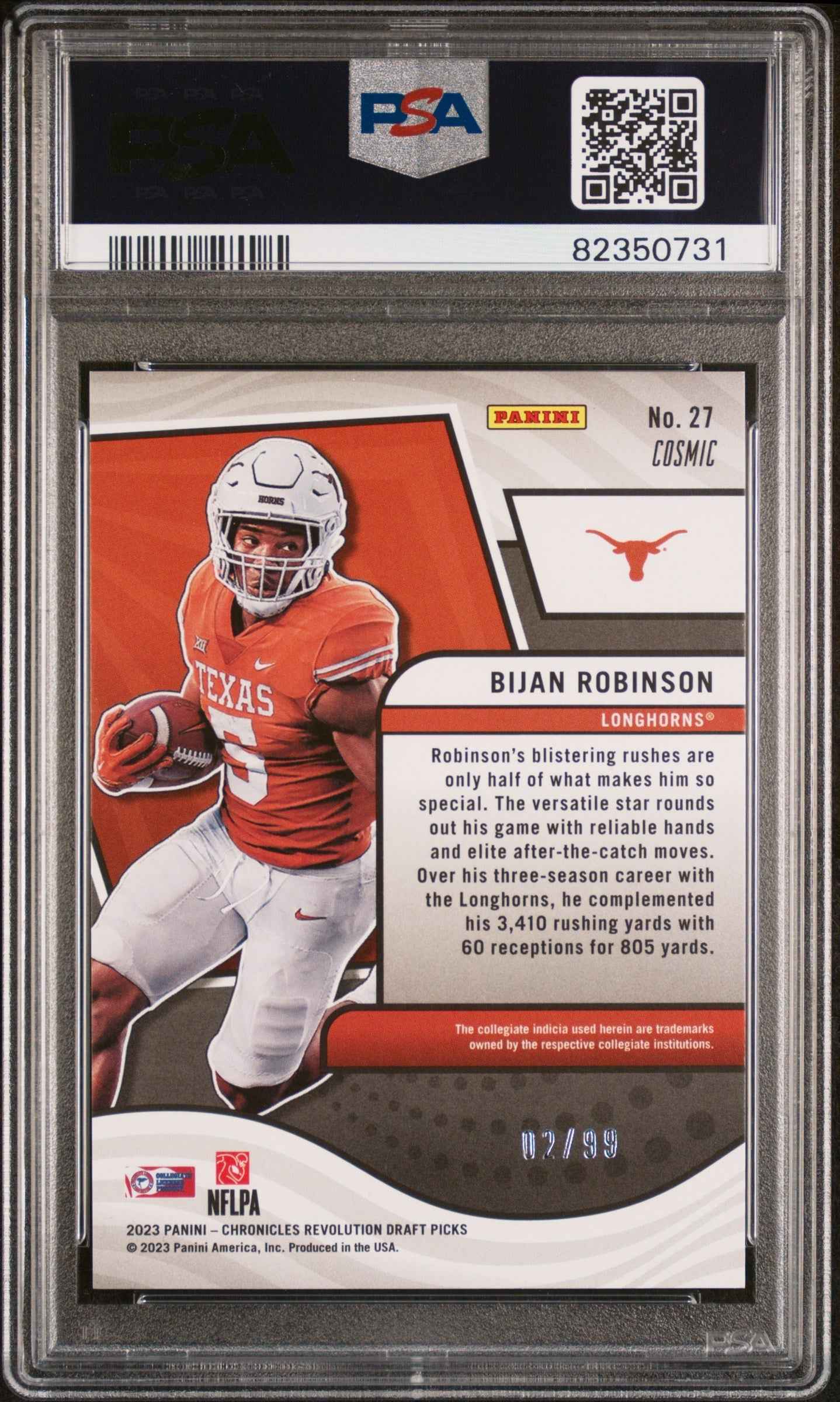 Graded 2023 Panini Chronicles Draft Picks Bijan Robinson #27 Revolution Cosmic /99 Rookie RC Football Card PSA 10 Gem Mint