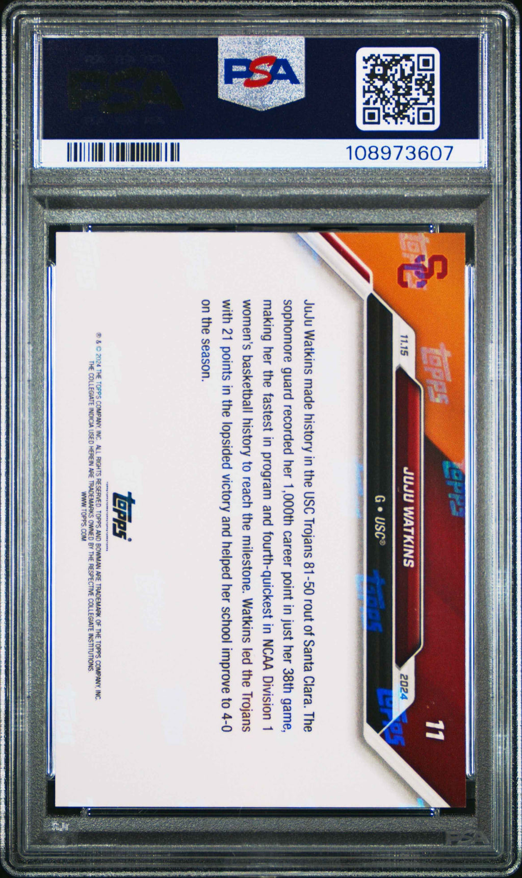 Graded 2024 Topps Bowman U Now JuJu Watkins #11 Rookie RC Basketball Card PSA 9 Mint