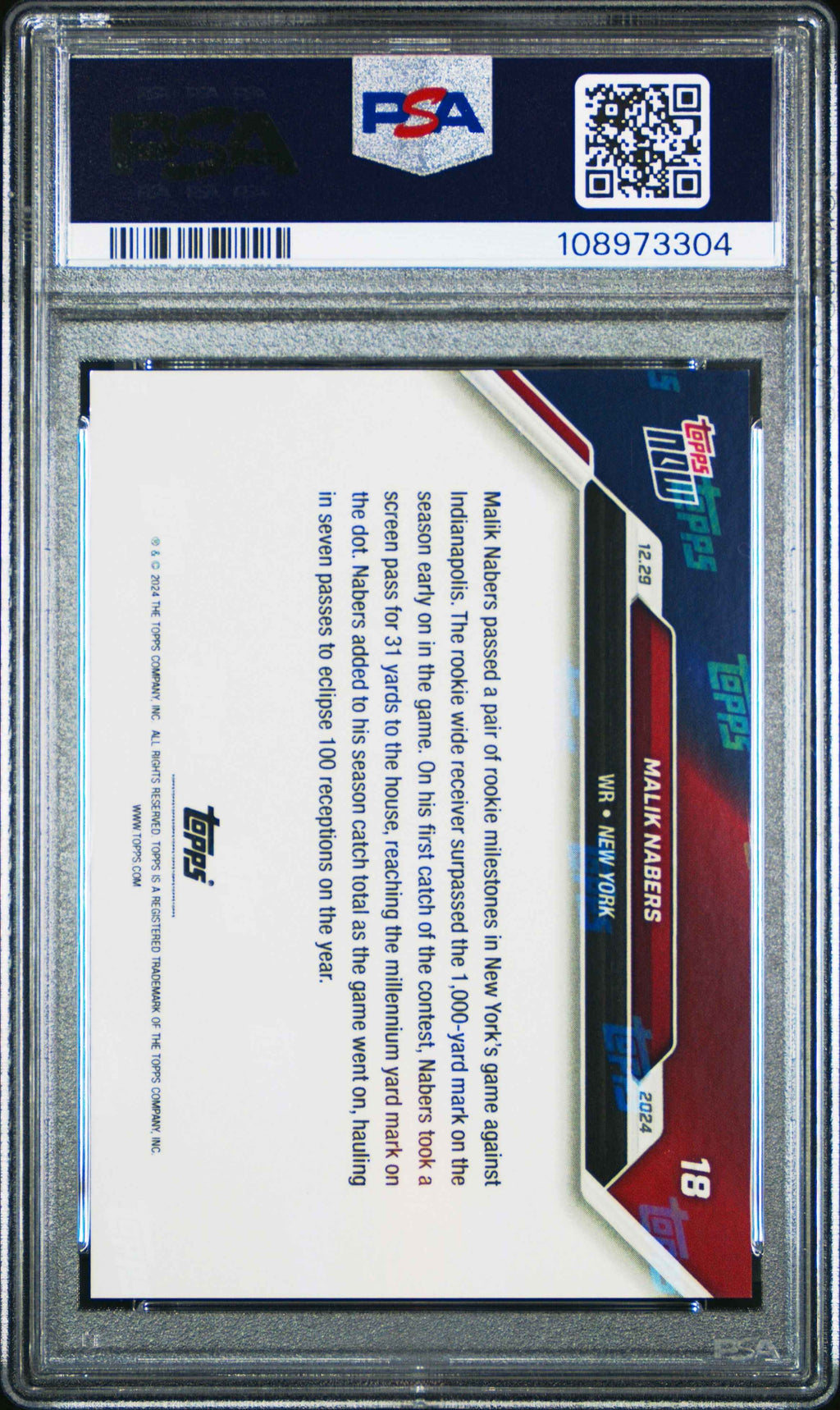 Graded 2024 Topps Now Malik Nabers #18 Rookie RC Football Card PSA 10 Gem Mint