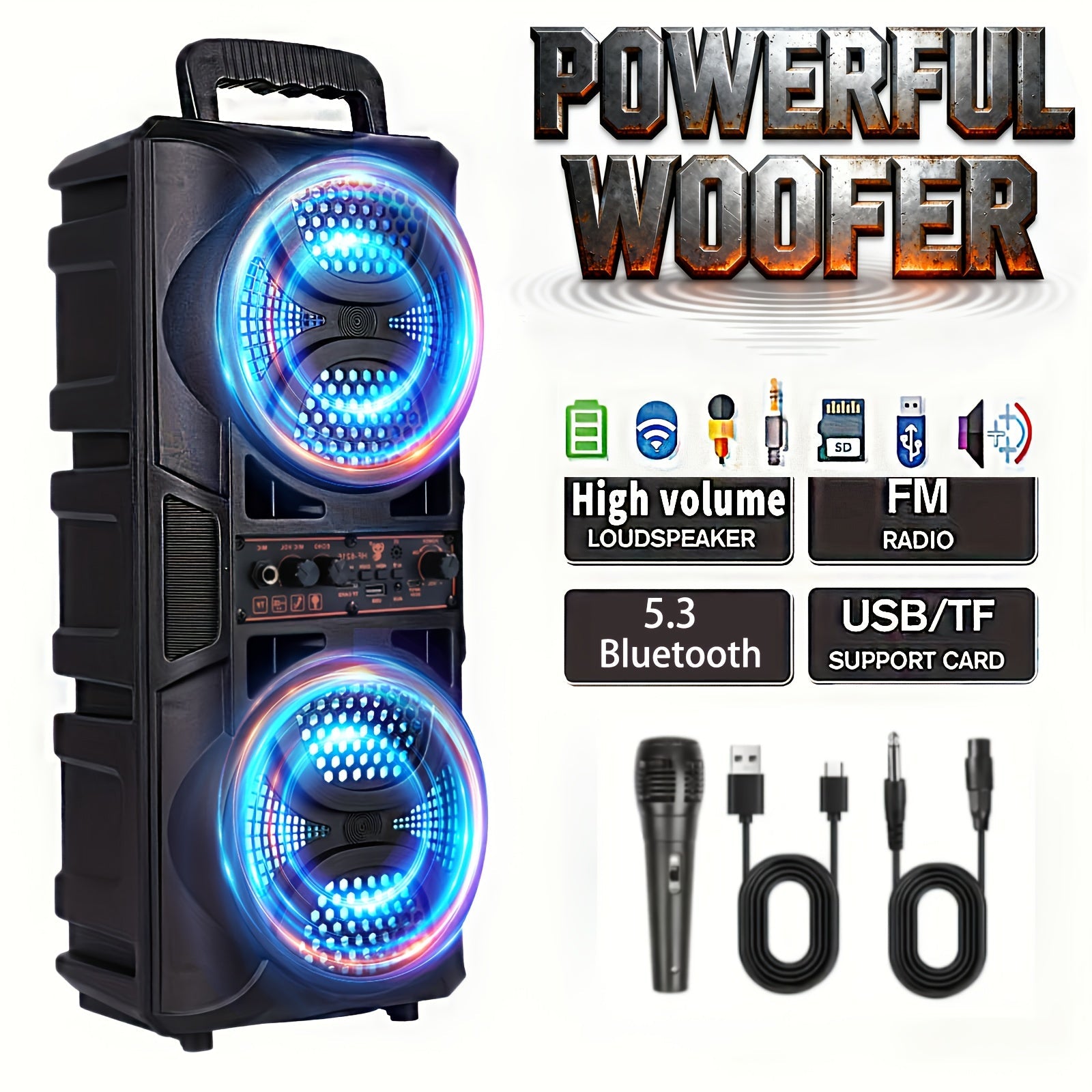 Portable Bluetooth Speaker with Subwoofer Bass, Dual 6.5" LED Woofers and Microphone