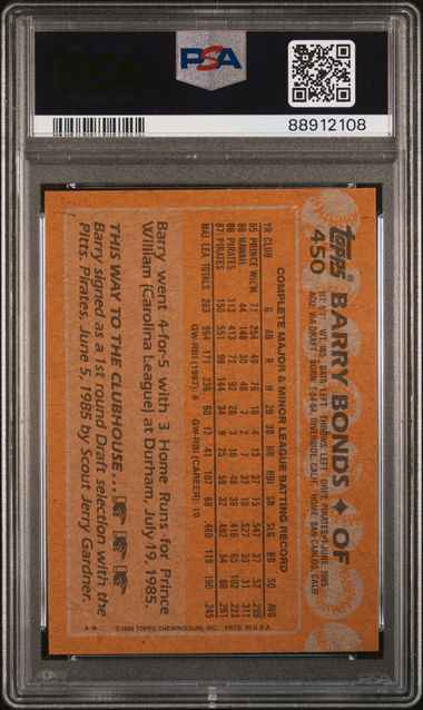 Graded 1988 Topps Barry Bonds #450 2nd Year Baseball Card PSA 10 Gem Mint
