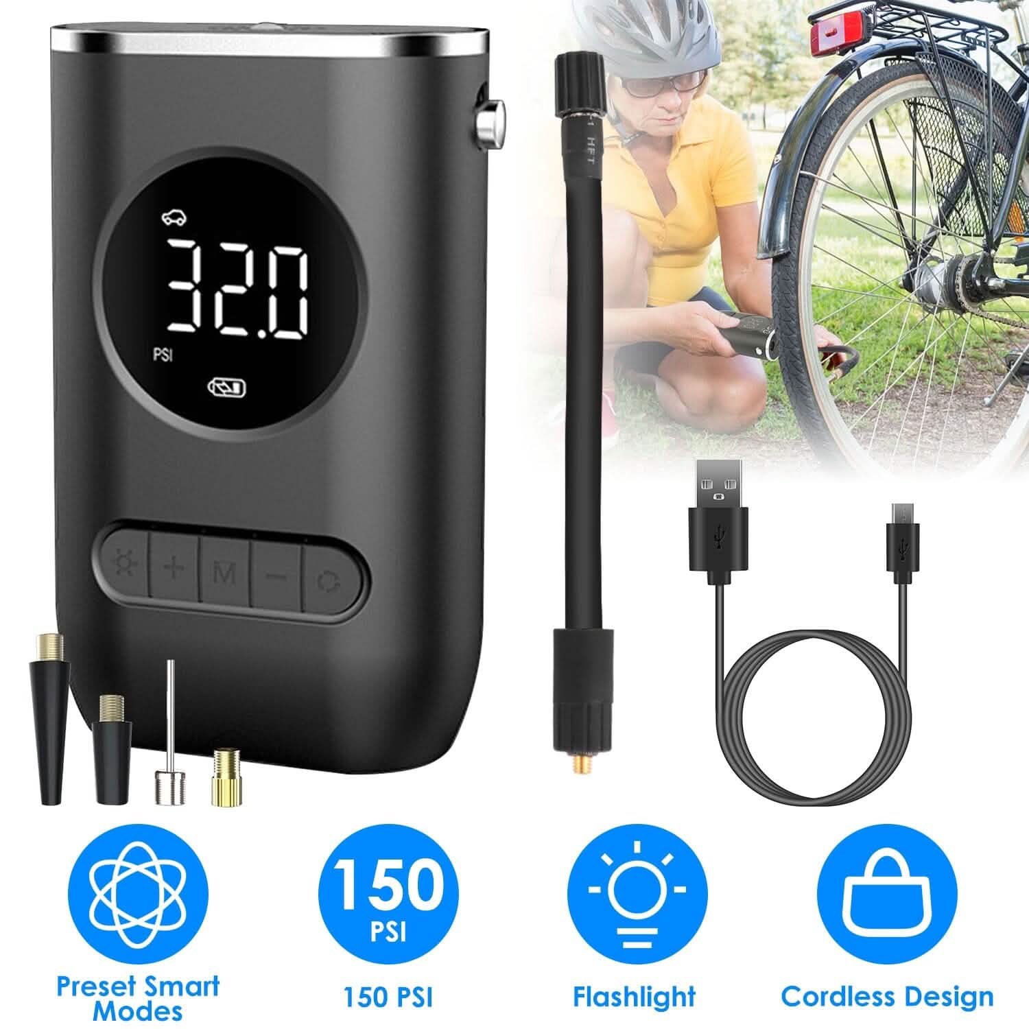 Car Tire Inflator Pump Portable 150 PSI with LED Light