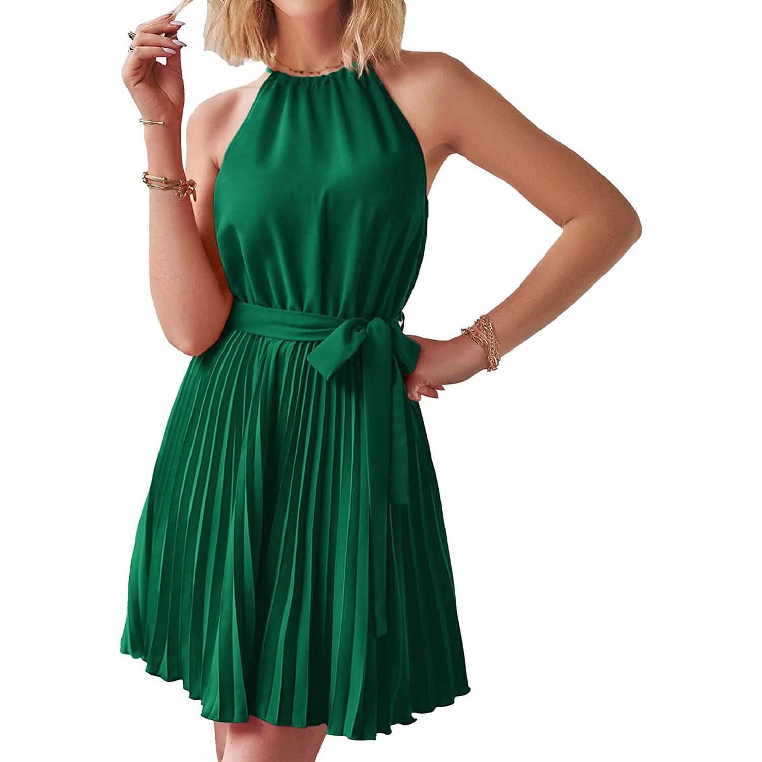 Casual Halter Neck A-Line Dress Sleeveless Belted Swing Pleated Cocktail Party Beach Mini Dresses